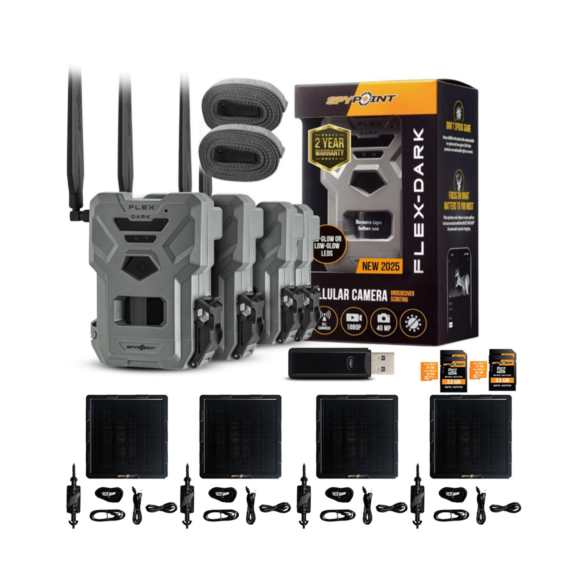 Spypoint Flex Cellular Trail Camera (4 Pack) with Solar Panel and Accessories