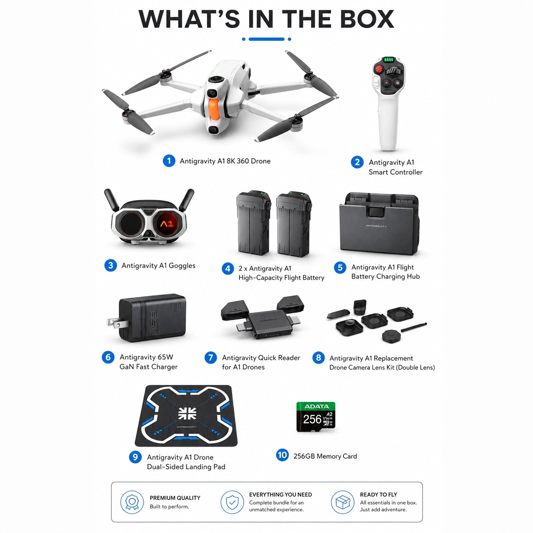 Antigravity A1 8K 360 Drone Standard Bundle with Battery, 256GB Memory Card and Accessories