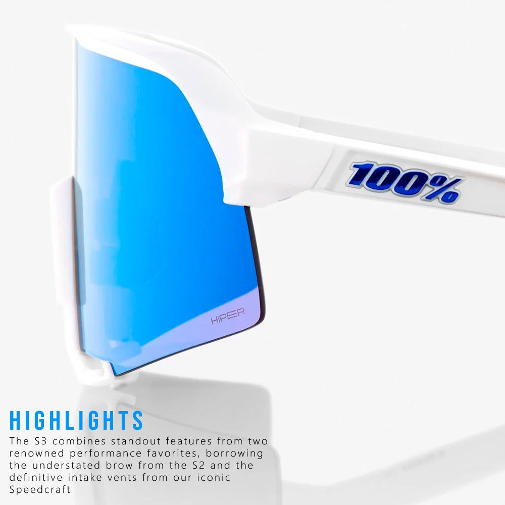 100% S3 Sunglasses Matte White HiPER Blue Lens