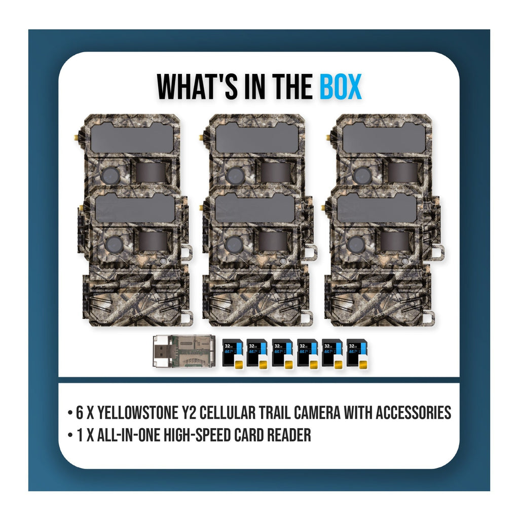 Yellowstone Y2 Cellular Trail Camera Bundle with High-Speed Card Reader, and Accessories (6-Pack)