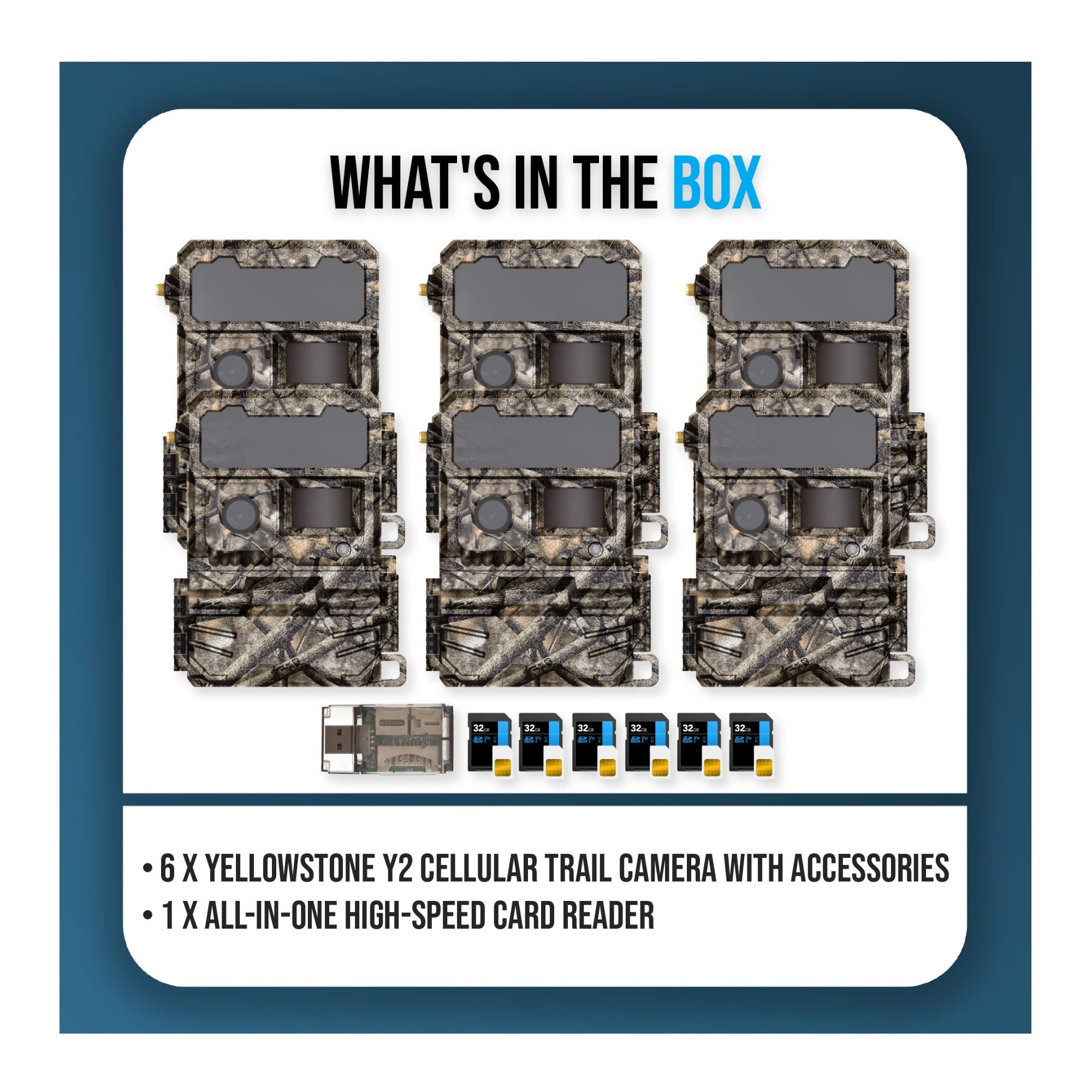 Yellowstone Y2 Cellular Trail Camera Bundle with High-Speed Card Reader, and Accessories (6-Pack)