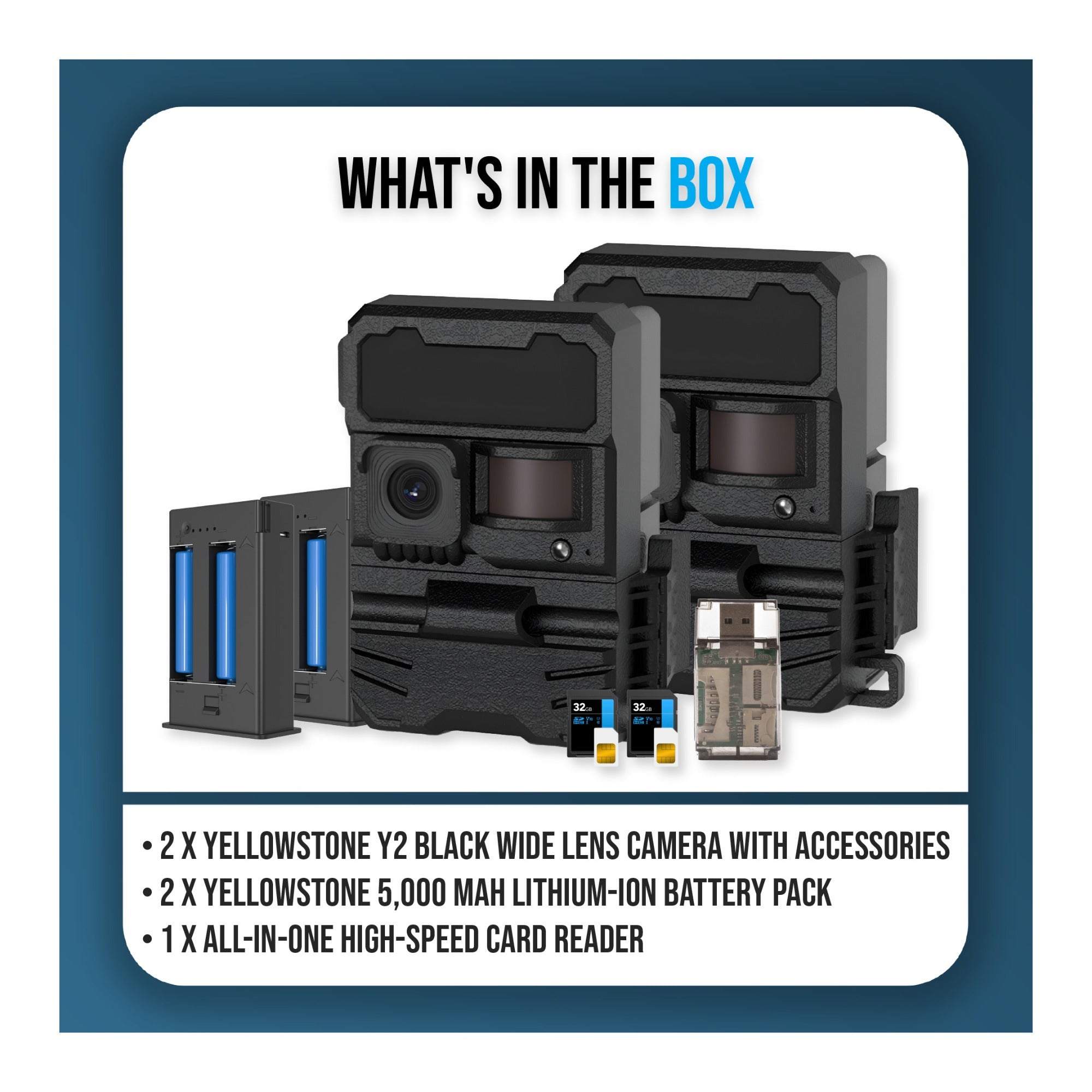 Yellowstone Y2 Black Wide Lens Camera Bundle with 5,000 mAh Battery Pack, and Card Reader (2-Pack)