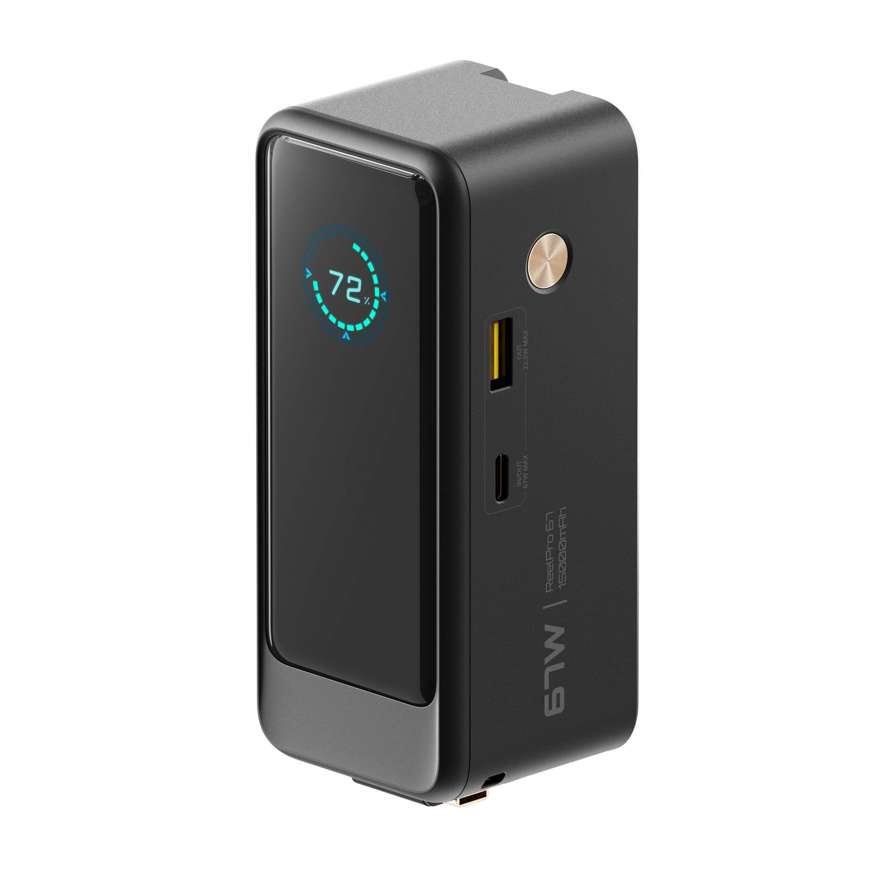 ReelCharge ReelPro 15,000 mAh Power Bank with Retractable 67W USB-C (Black)