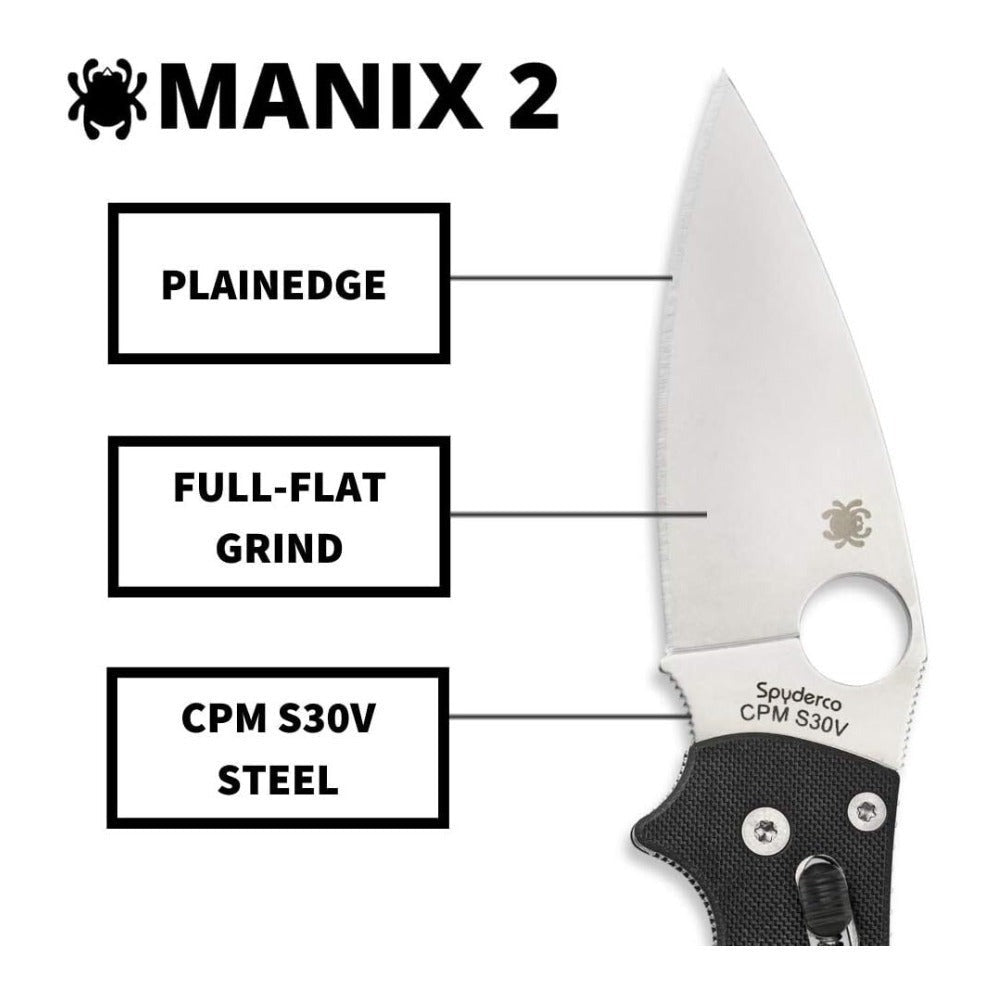 Spyderco Manix 2 3.37-Inch CPM S30V Steel Blade PlainEdge Foldable Knife (Black)