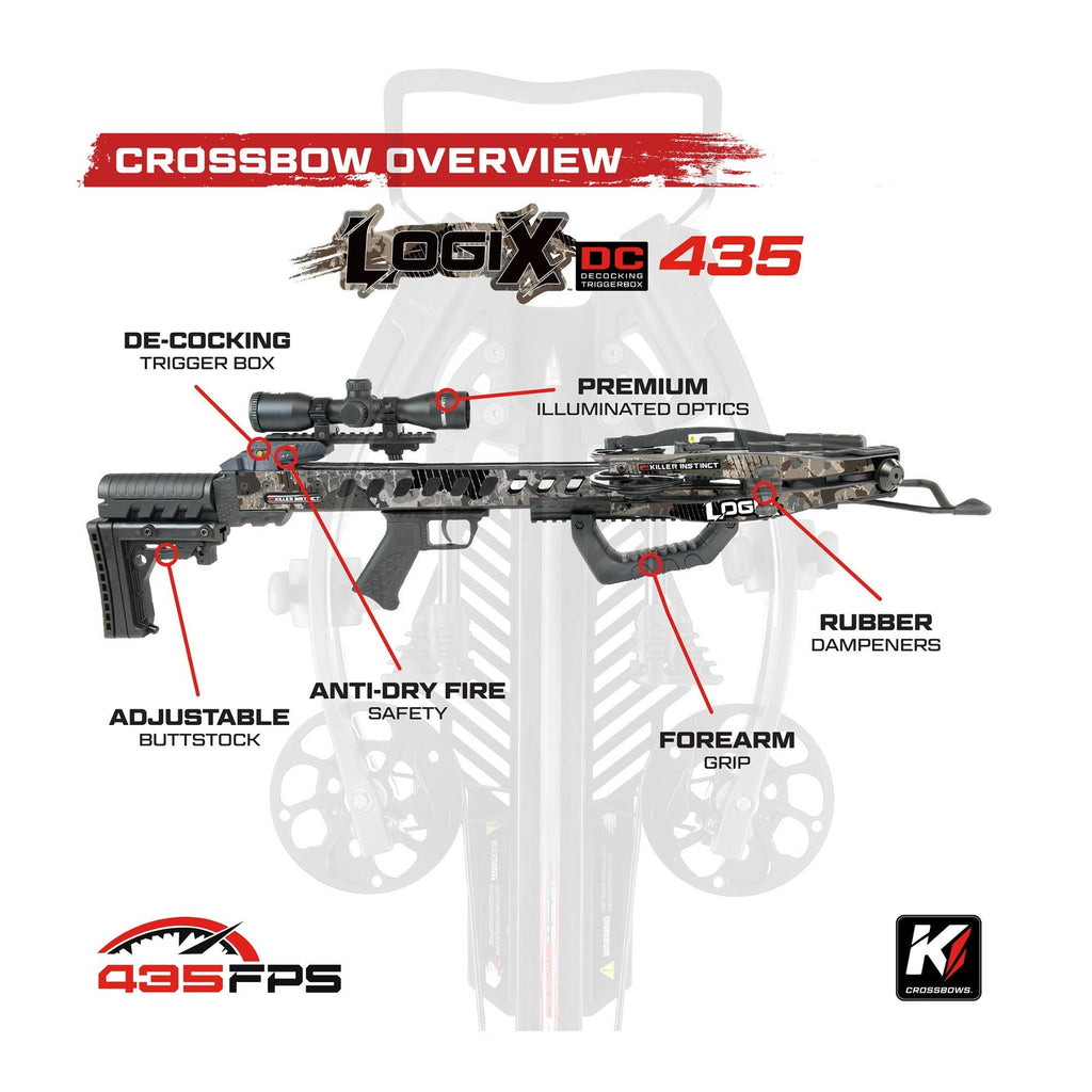 Killer Instinct LogiX DC 435 FPS Crossbow Package Bundle with Compact Crank, Bolts, and Broadheads
