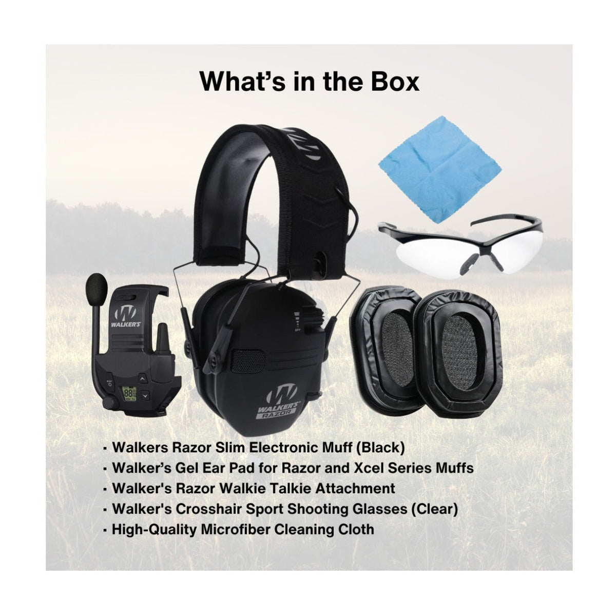 Walker's Razor Slim Electronic Earmuffs (Black) with Attachment Bundle