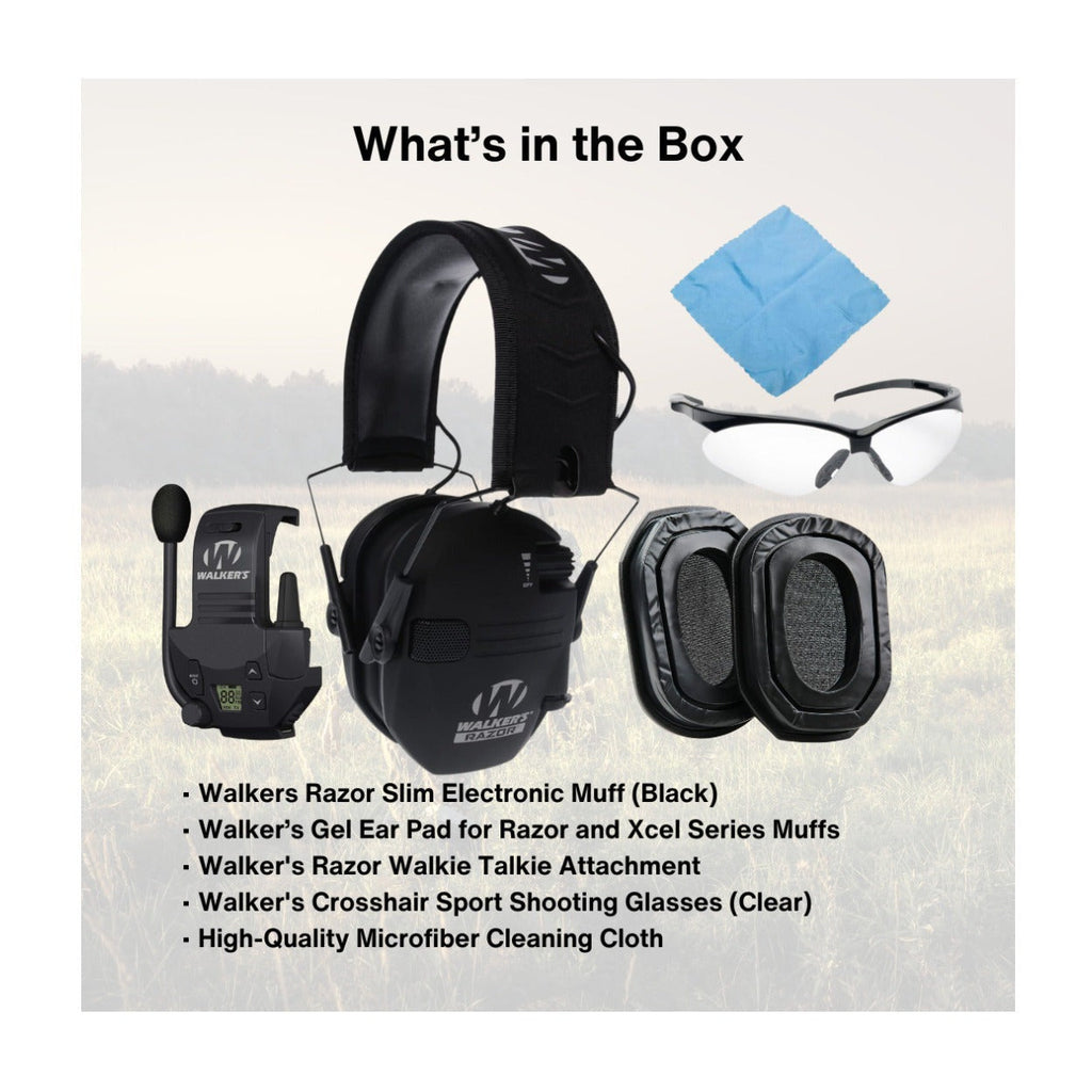 Walker's Razor Slim Electronic Earmuffs (Black) with Attachment Bundle