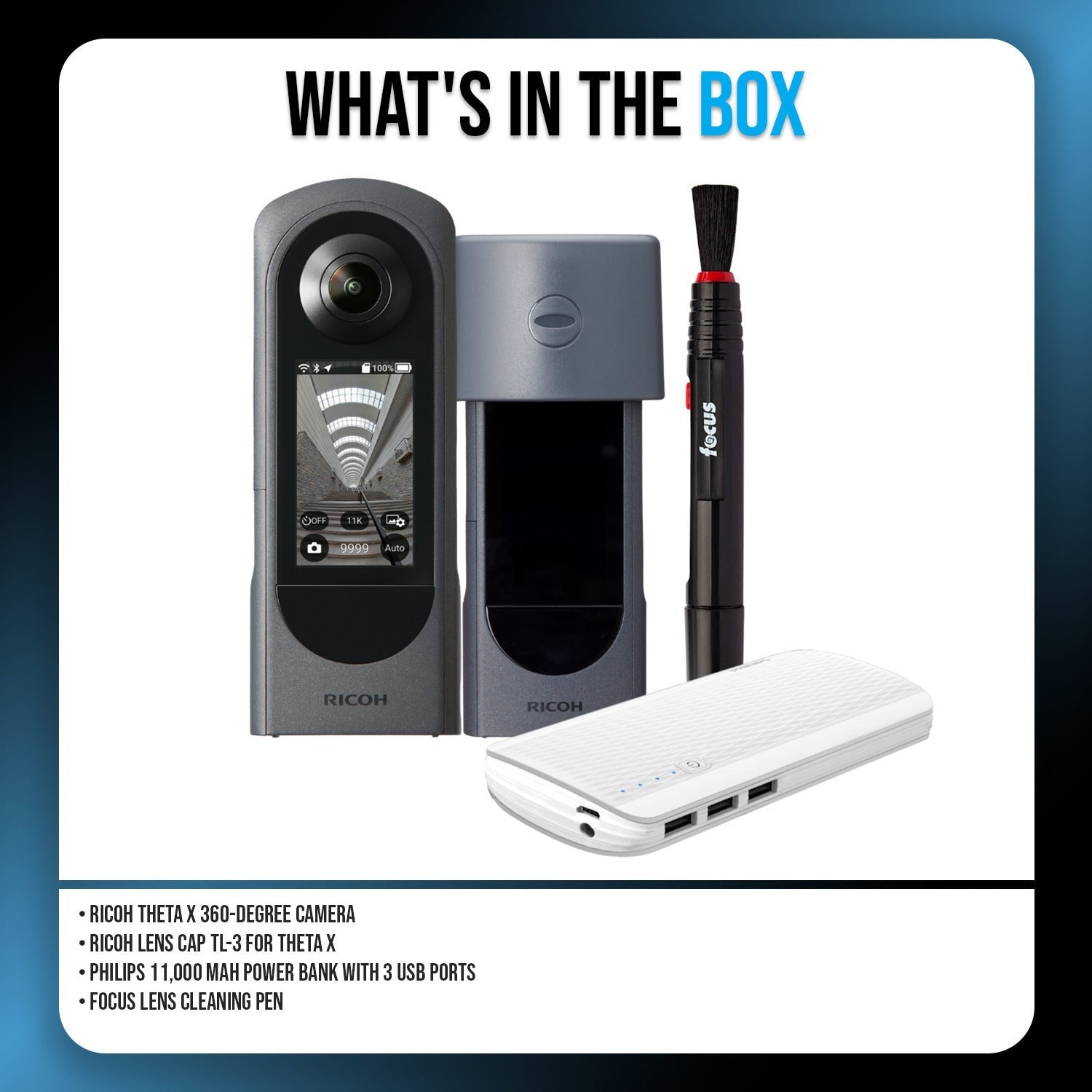 RICOH THETA X 360-Degree Camera Bundle with Lens Cap, Powerbank and Cleaning Pen