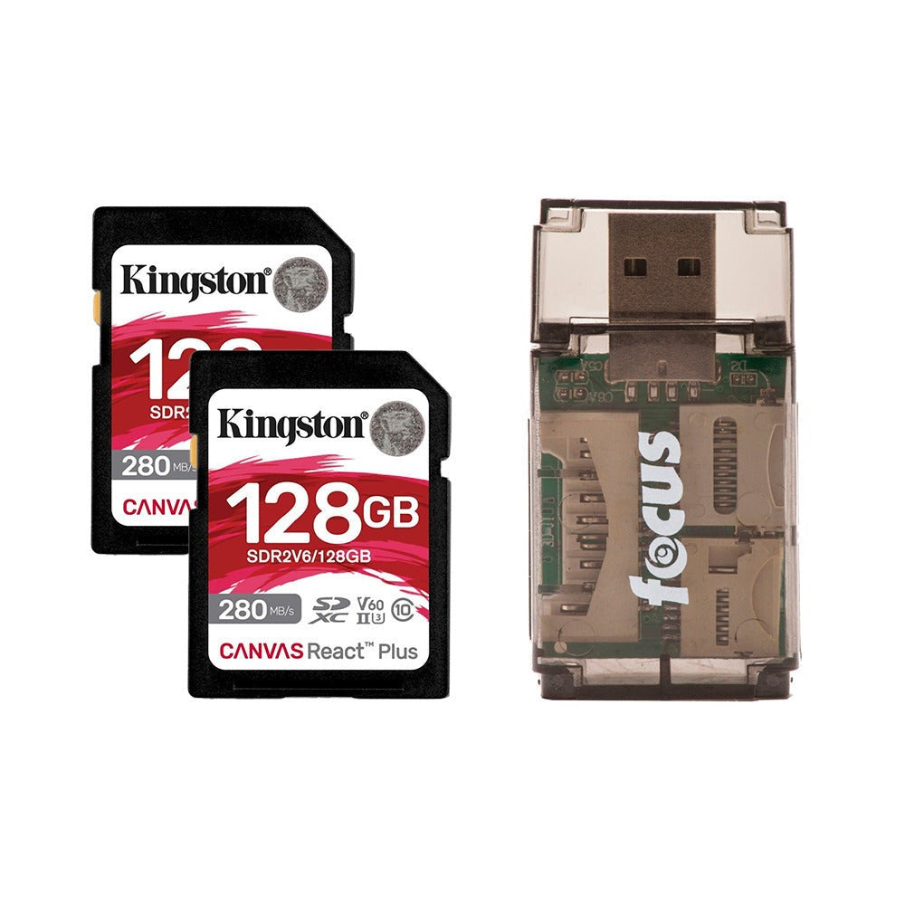 Kingston Canvas React Plus V60 UHS-II 128GB SD Memory Card (2-Pack) with Card Reader Bundle