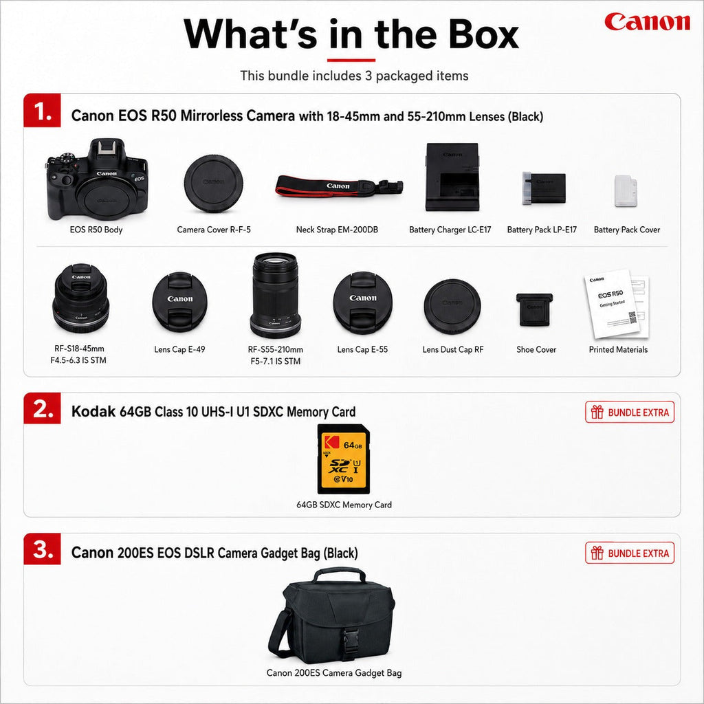 Canon EOS R50 Mirrorless Camera with 18-45mm and 55-210mm Lenses Bundle