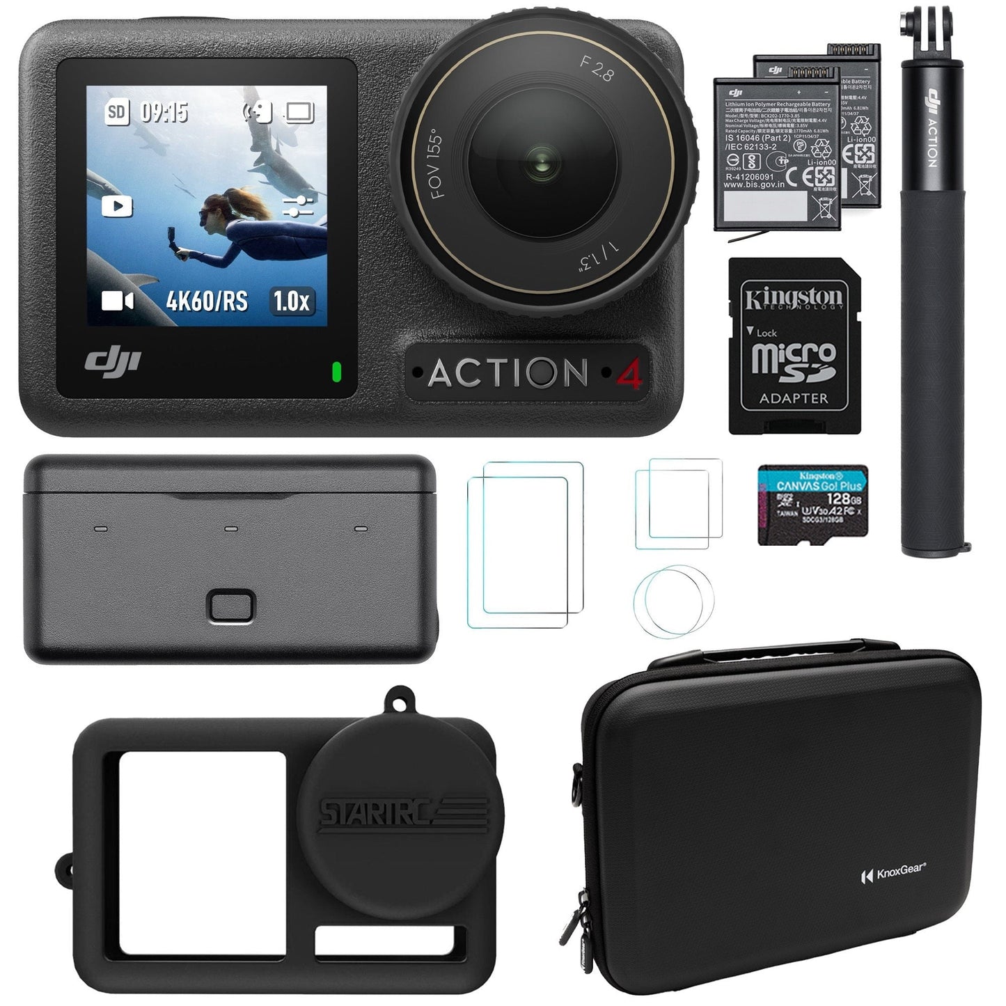 DJI Osmo Action 4 Camera Adventure Combo with 128GB SD Memory Card, Carrying Case, Glass Screen Prot