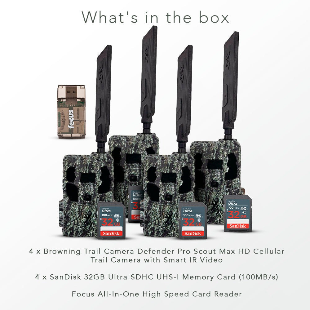 Browning Trail Camera Defender Pro Scout Max HD Cellular Trail Camera with IR Video (4-Pack) Bundle