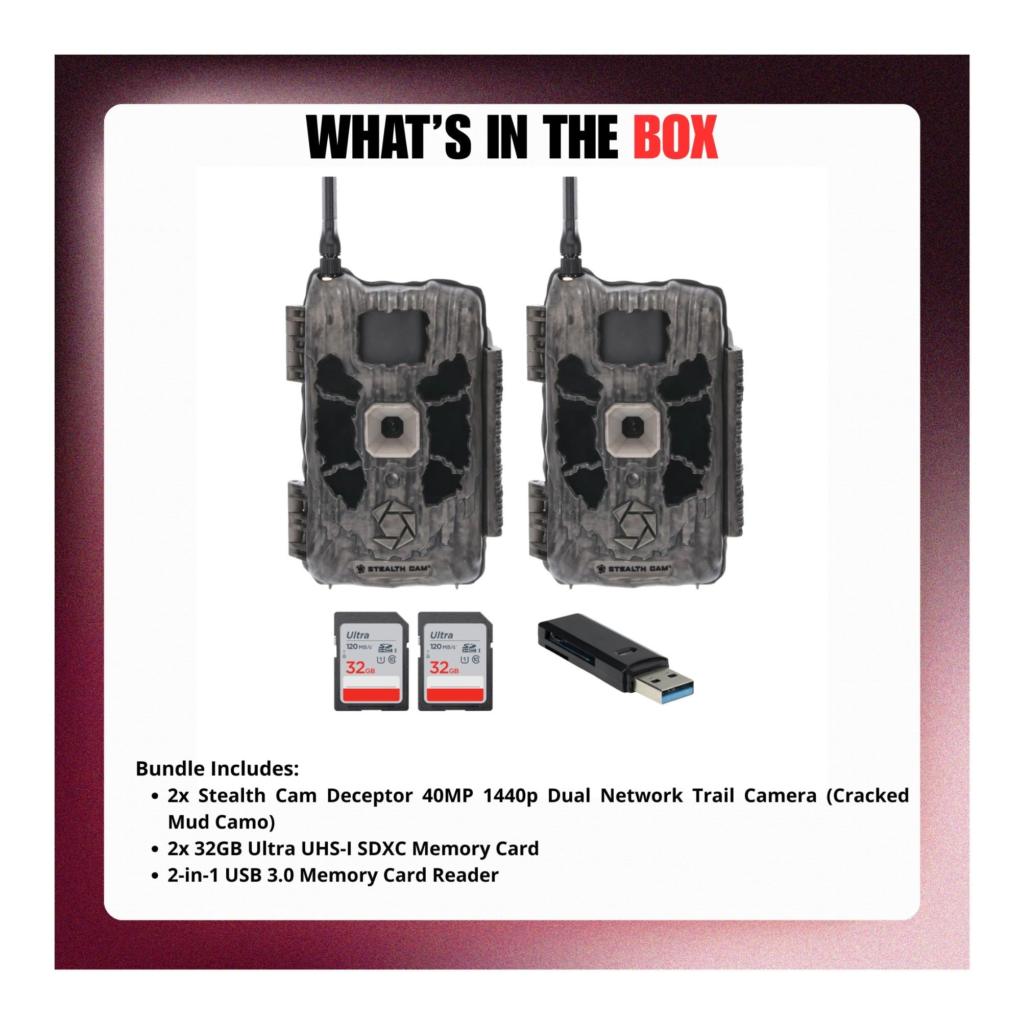 Stealth Cam Deceptor Dual Network Trail Camera (2 Pack) Bundle with Accessories