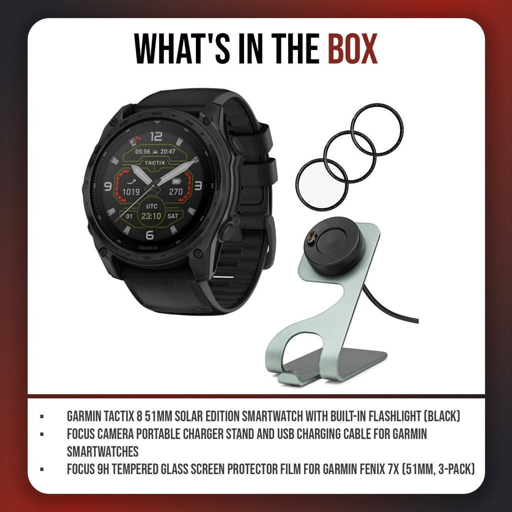 Garmin Tactix 8 51mm Solar Edition GPS Smartwatch (Black) w/ Accessories Bundle