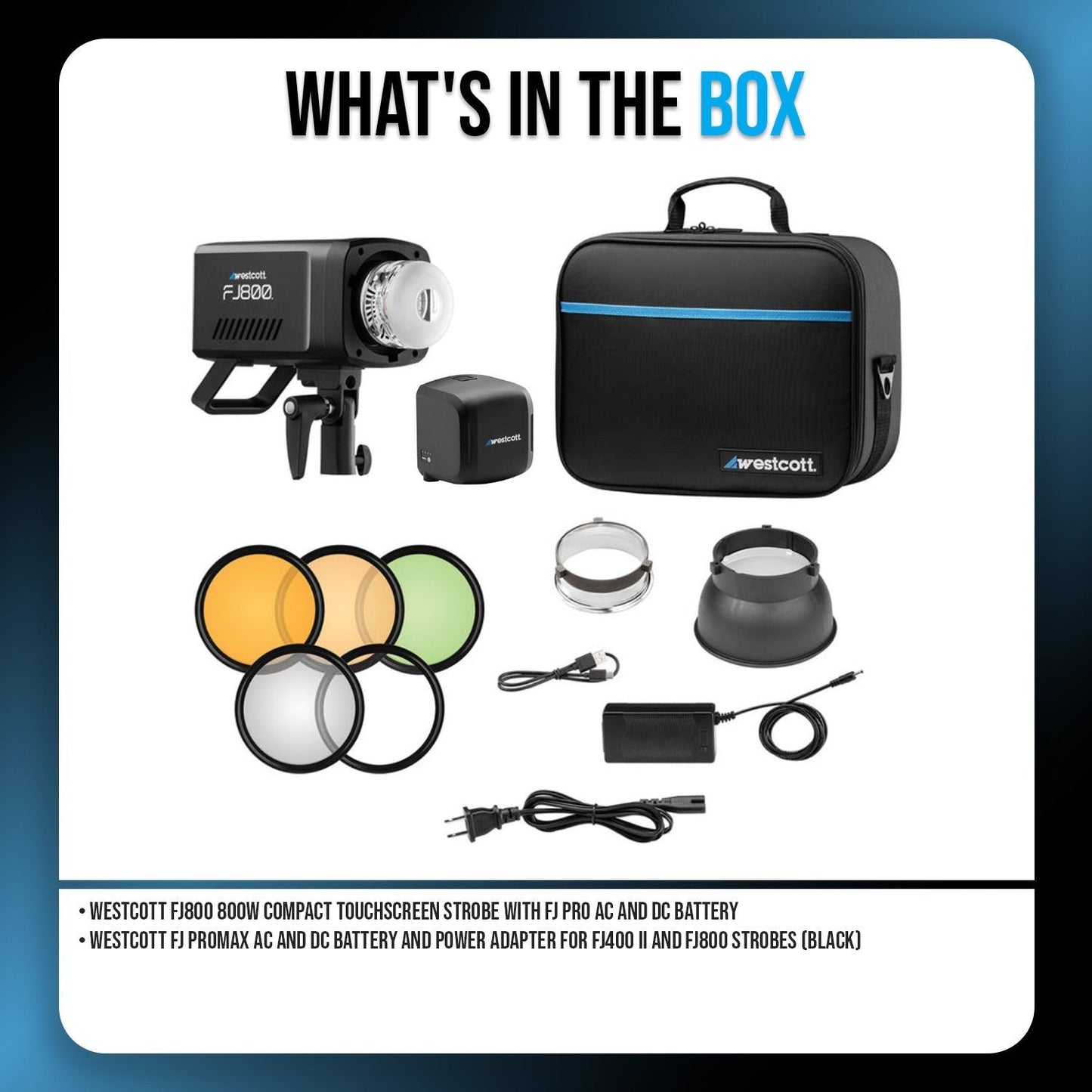 Westcott FJ800 800W Compact Touchscreen Strobe with FJ Pro AC, DC Battery Bundle