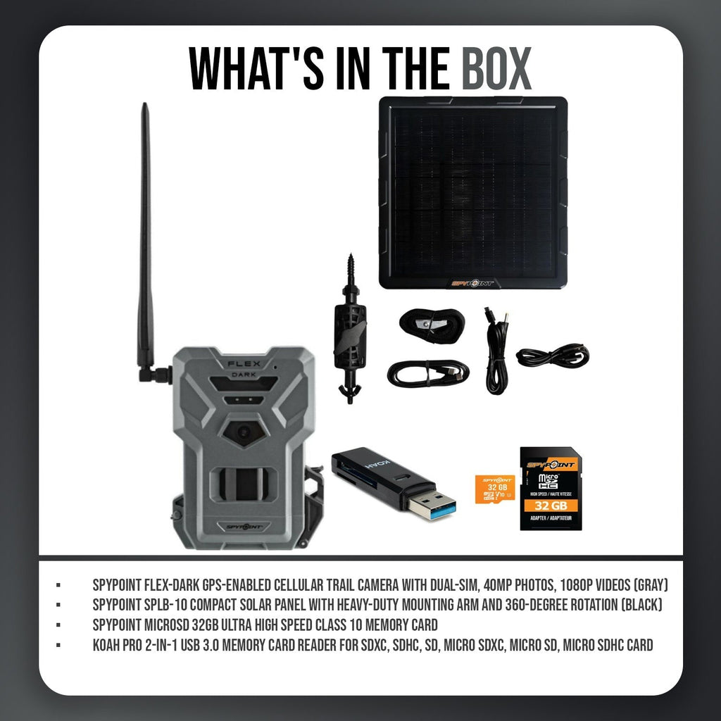 Spypoint Flex Dark GPS Cellular Trail Camera with Solar Panel and Accessories