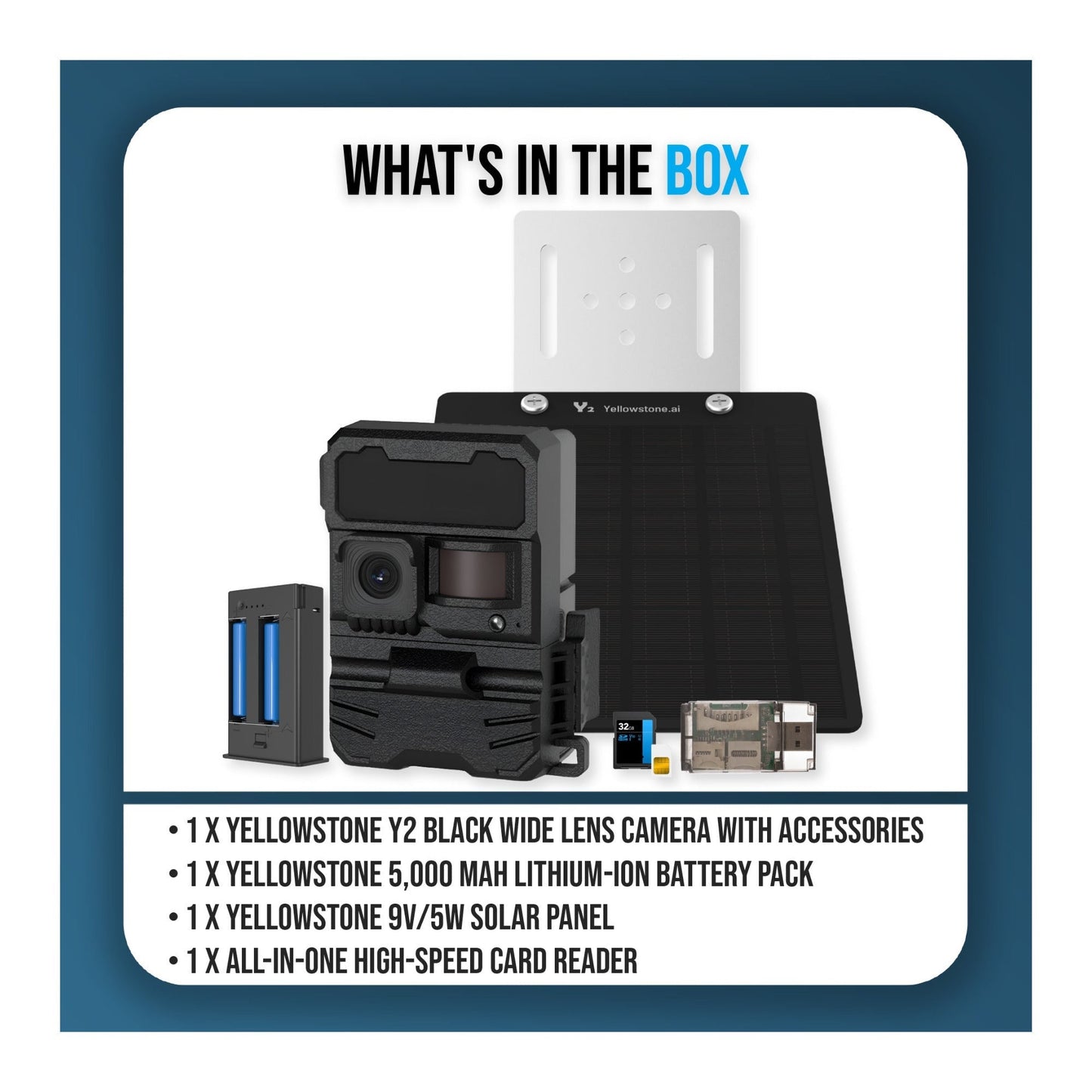 Yellowstone Y2 Black Wide Lens Camera Bundle with Battery, Solar Panel, Card Reader, and Accessories