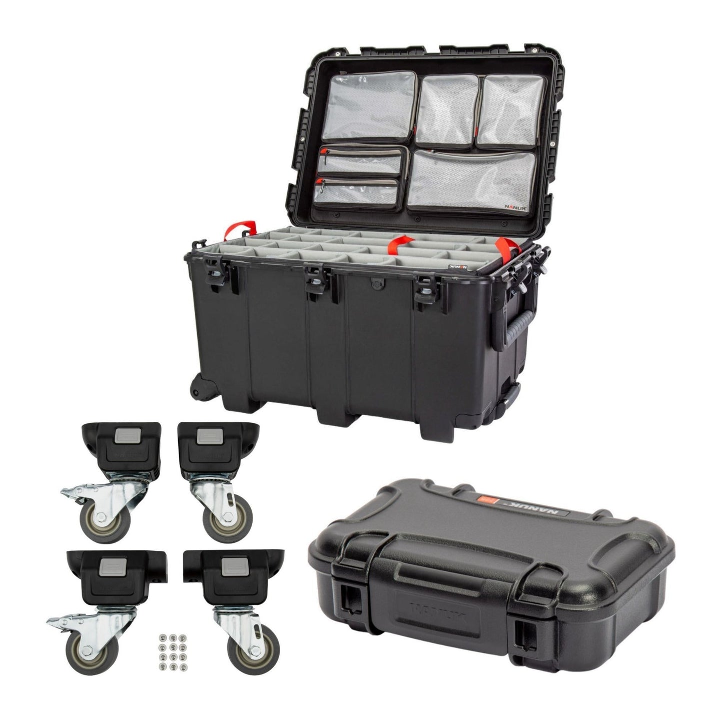 Nanuk 975 Pro Photo Kit with Pull Handle (Black) with Wheel Caster Kit and 225 Hard Case Bundle