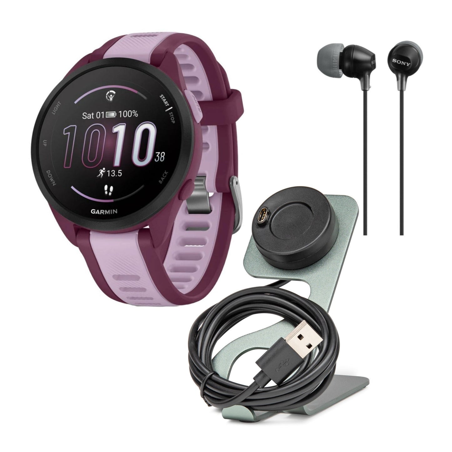 Garmin Forerunner 165 Music GPS Running Smartwatch (Berry-Lilac) with Charger Stand and Cable Bundle