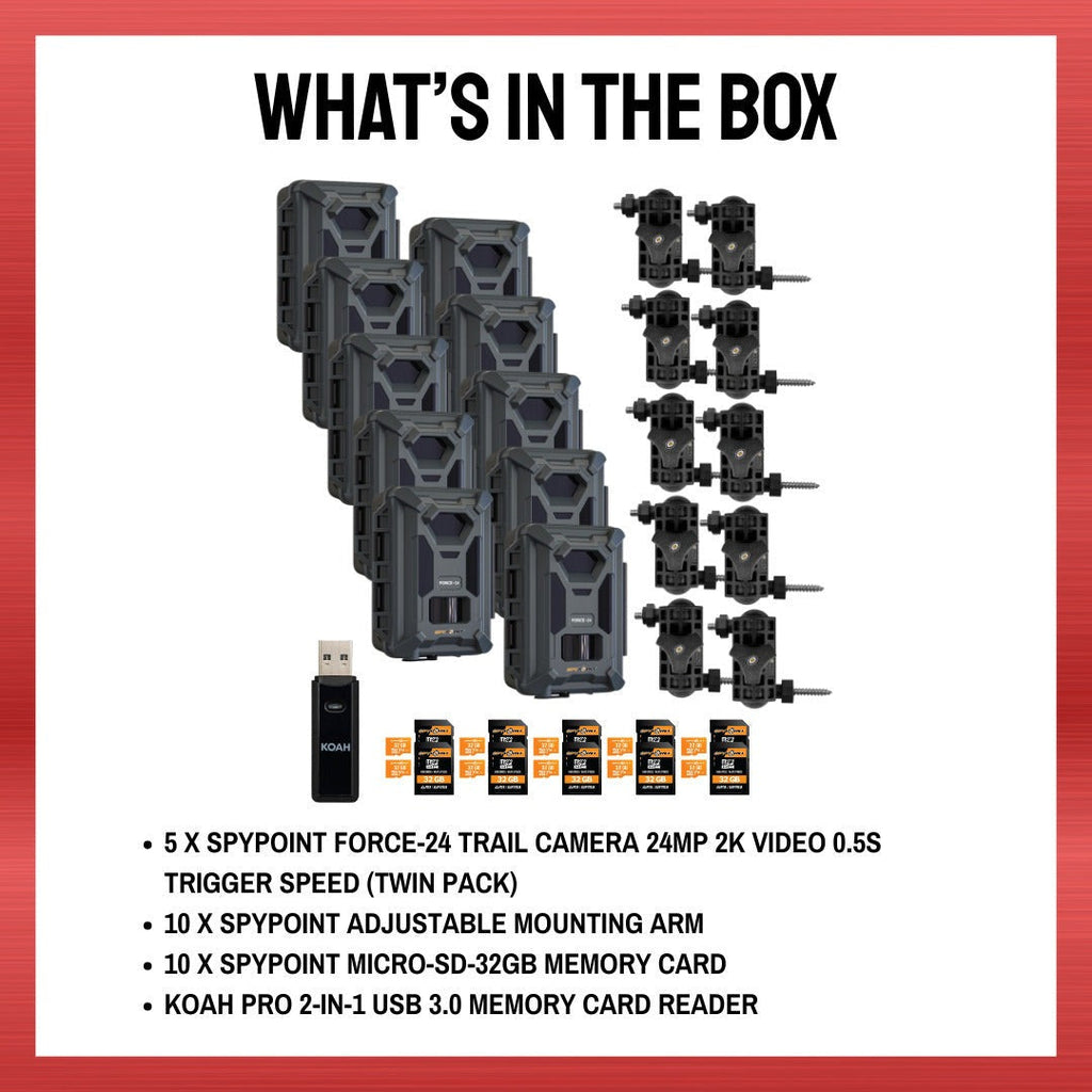 Spypoint Force-24MP Non-Cellular Trail Camera (10 Pack) Bundle with Accessories