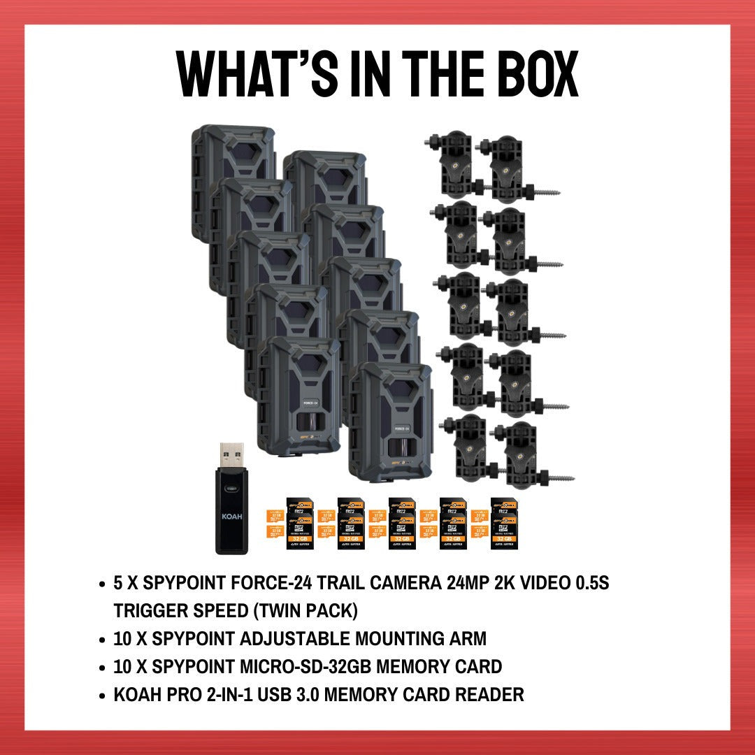 Spypoint Force-24MP Non-Cellular Trail Camera (10 Pack) Bundle with Accessories
