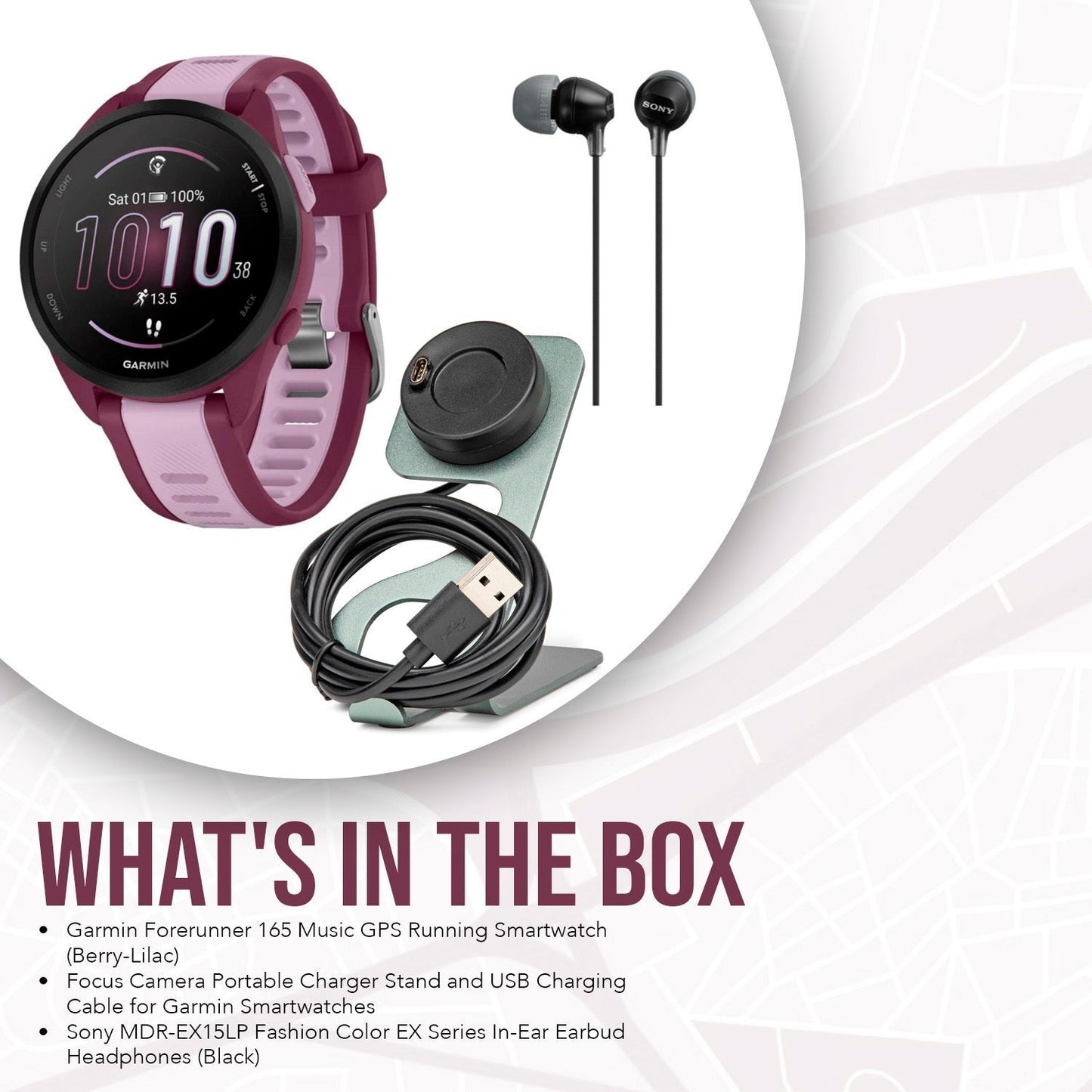Garmin Forerunner 165 Music GPS Running Smartwatch (Berry-Lilac) with Charger Stand and Cable Bundle