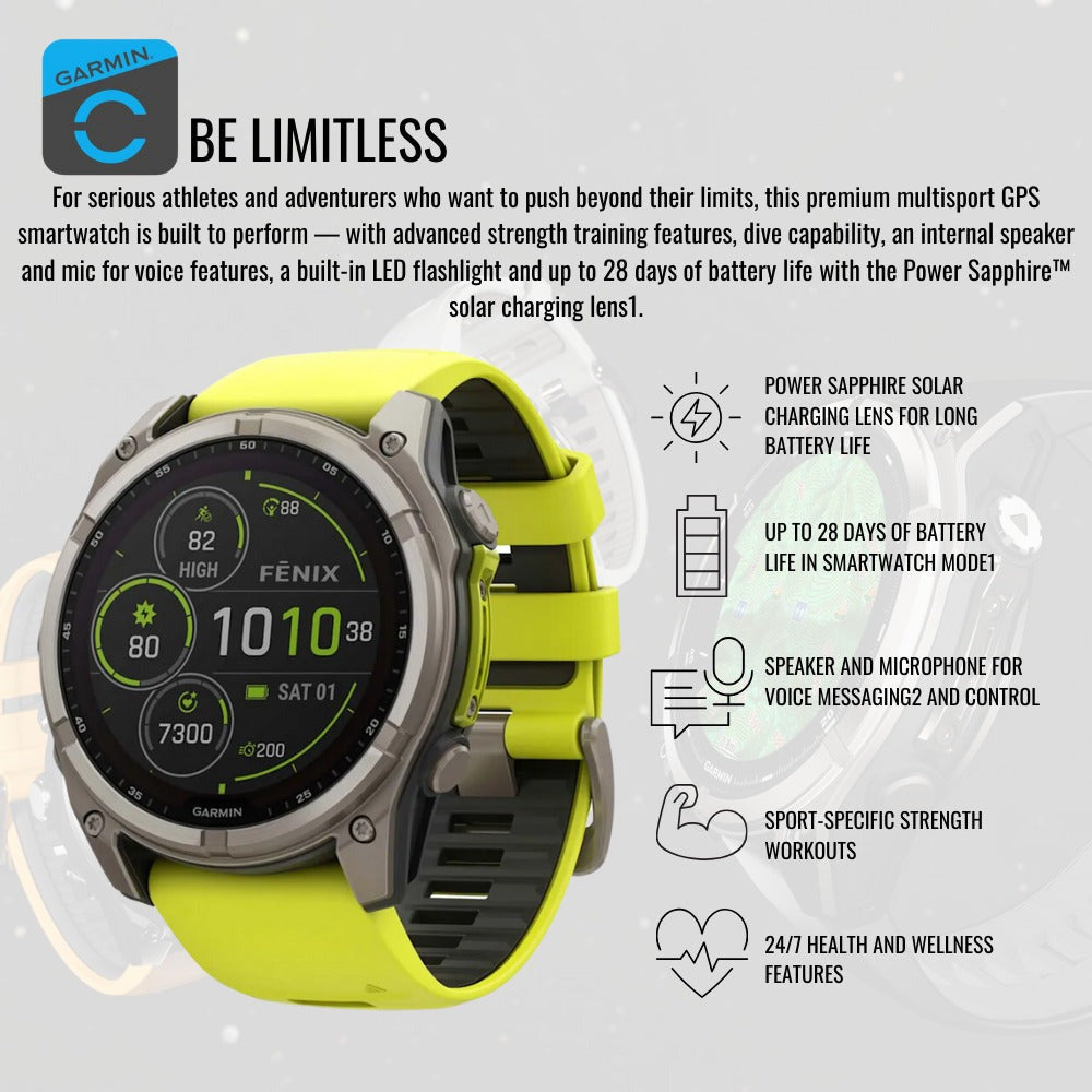 Garmin Fenix 8 Sapphire Solar 51mm Smartwatch (Amp Yellow and Graphite) with Charger Stand Bundle