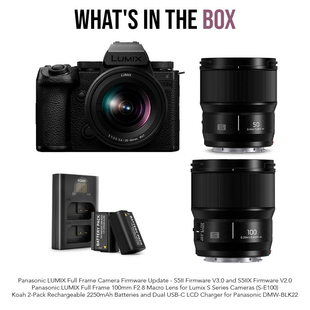 Panasonic DC-S5M2X with S-R2060 (20-60mm) , S-S50 (50mm), and S-E100 (100mm) Lenses Bundle