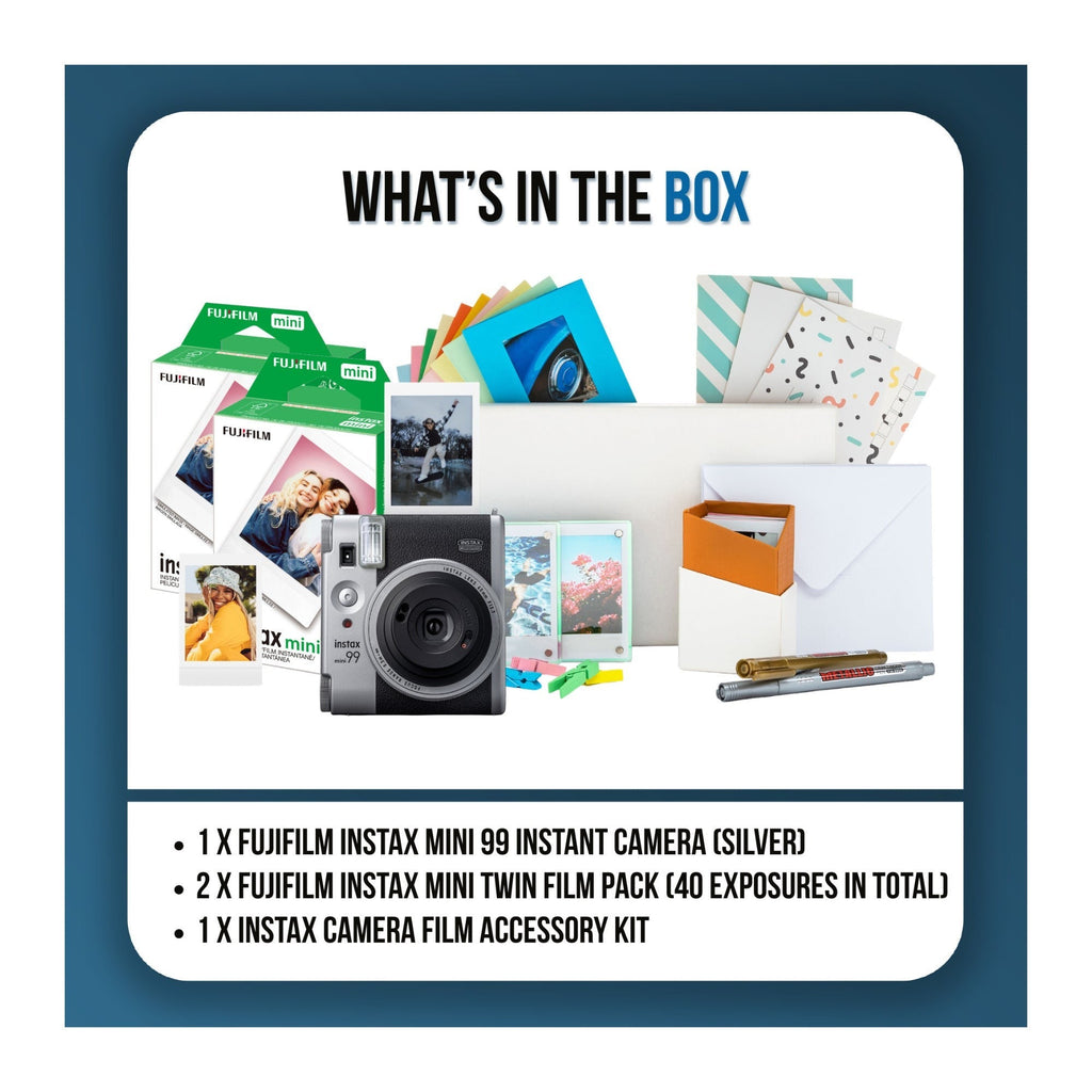 Fujifilm Instax Mini 99 Silver Analog Instant Camera Bundle with 40-Pack Film and Acccessories Kit