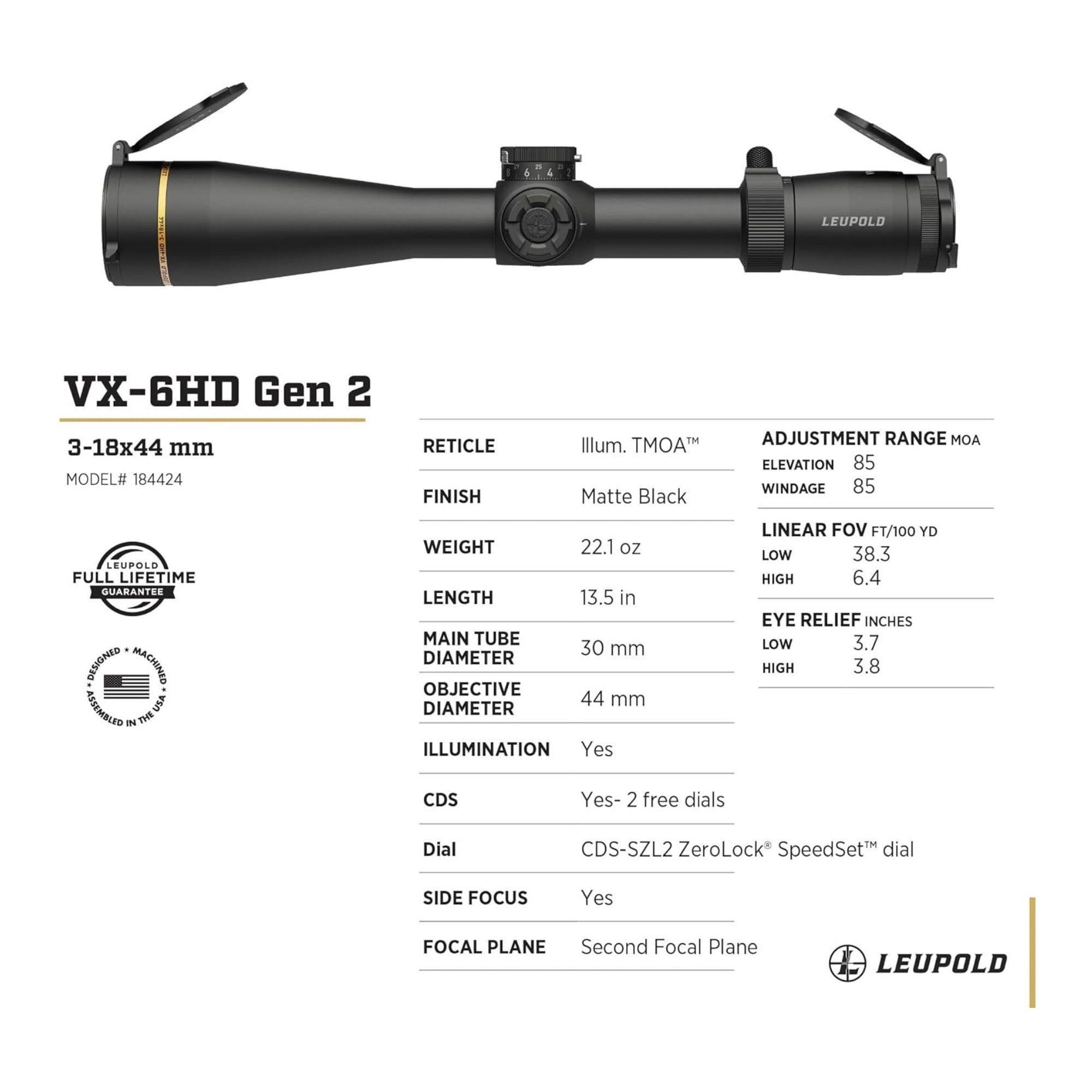 Leupold VX-6HD Gen 2 3-18x44mm CDS-SZL2 TMOA Riflescope (30mm, Matte Black)