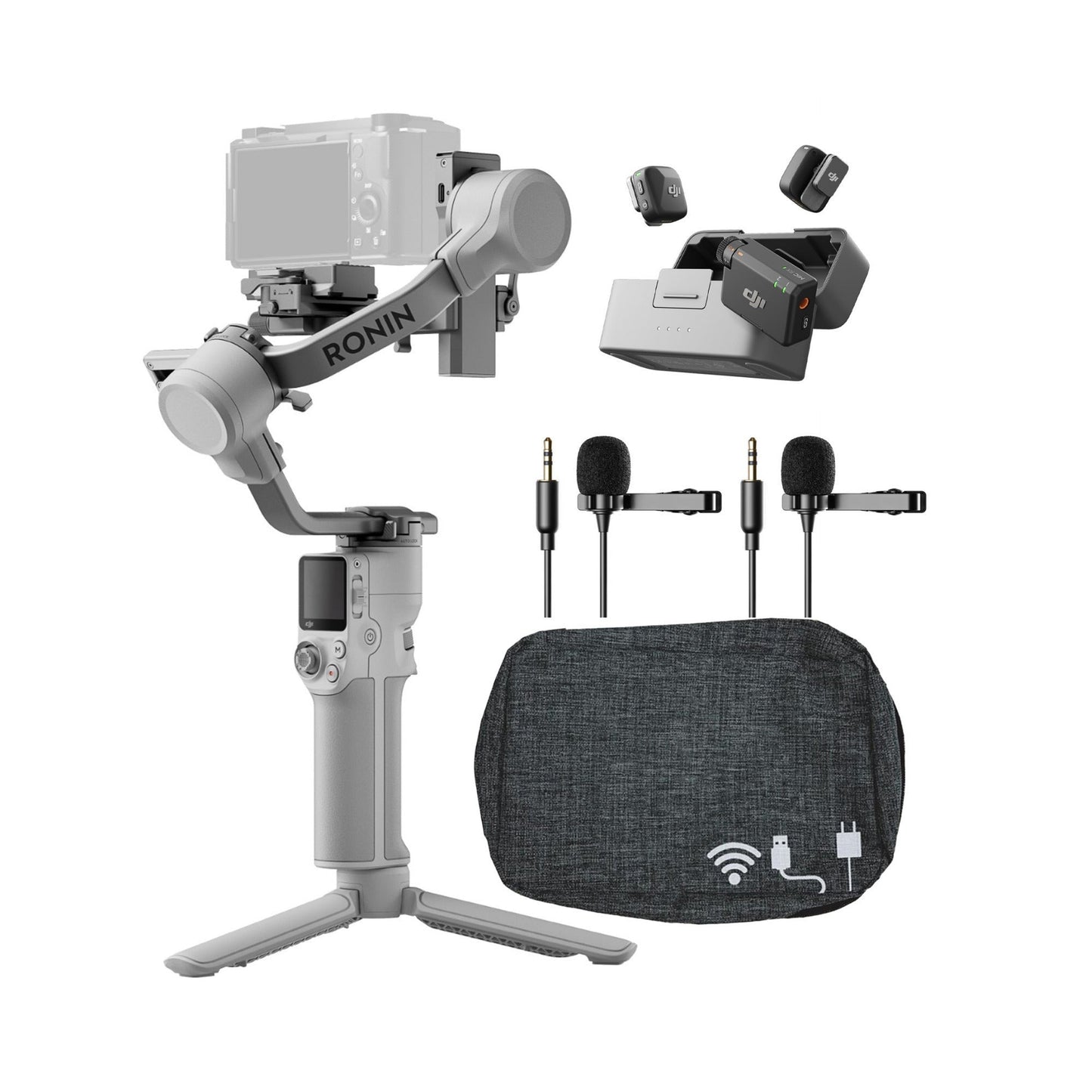 DJI RS 4 Mini Gimbal Stabilizer with Mic Mini (2 TX+ 1 RX+ Charging Case), Case, and 2 Lavalier Mics