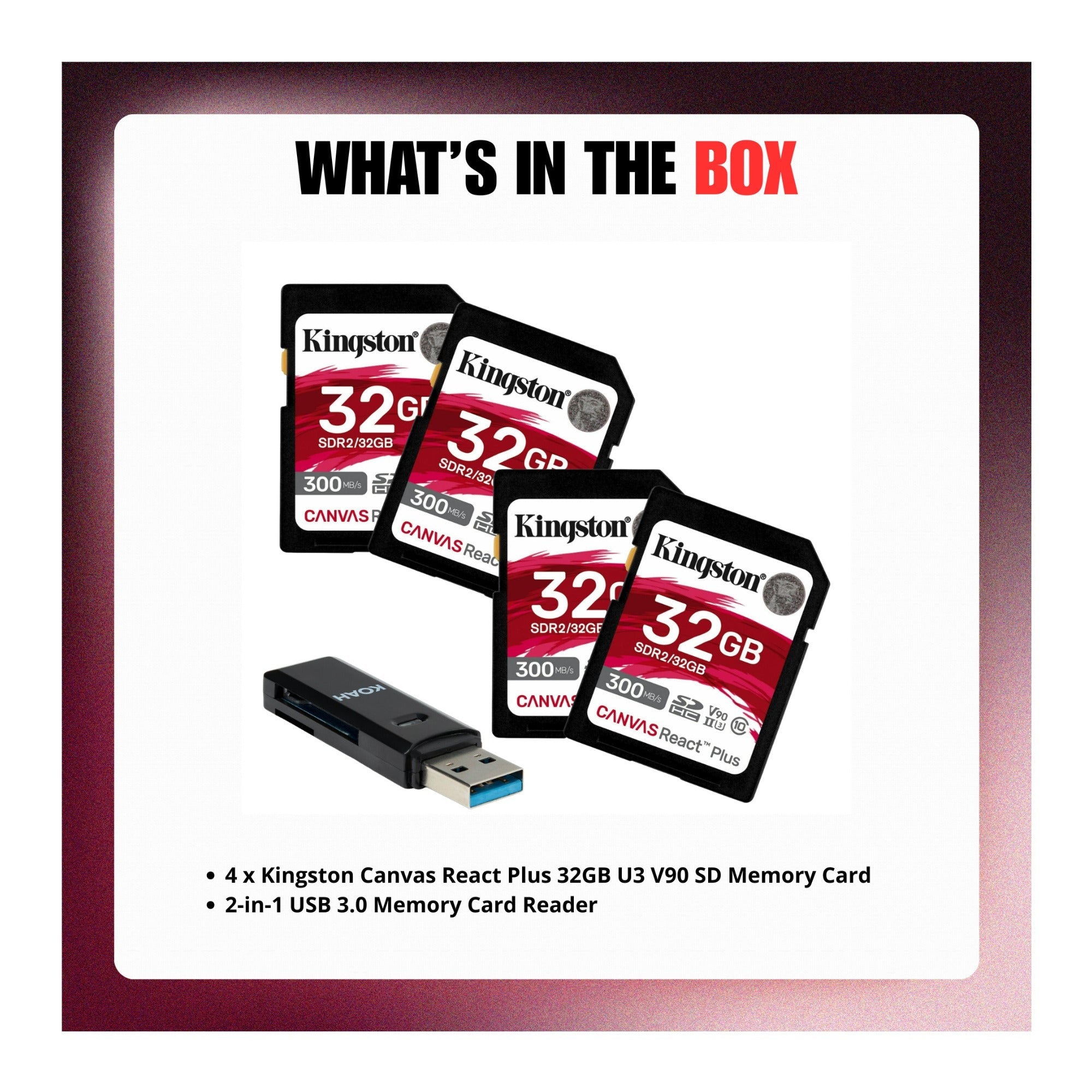 Kingston Canvas React Plus 32GB U3 V90 SD Memory Card with Card Reader Bundle
