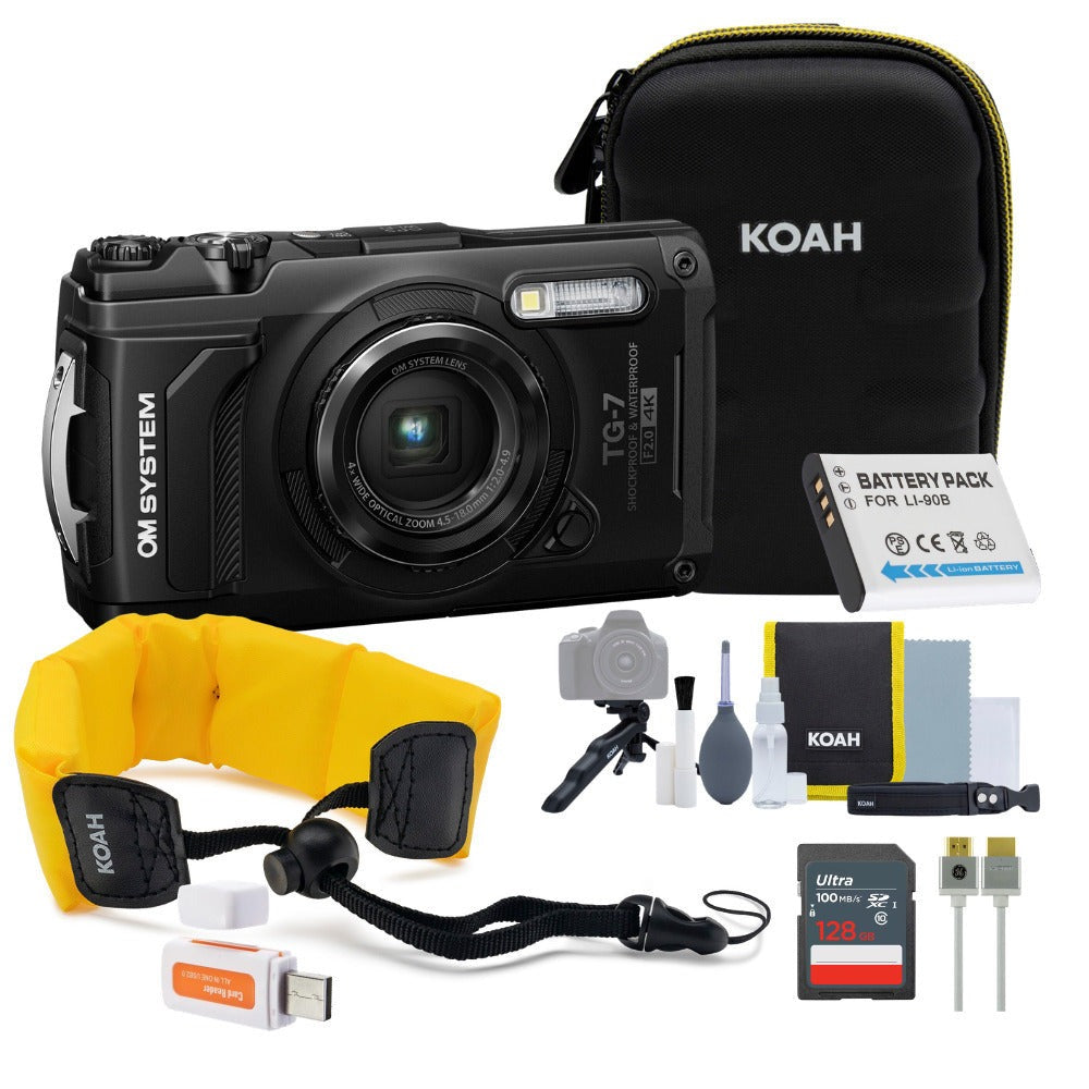 OM SYSTEM Tough TG-7 Digital Camera (Black) Bundle with 128GB Card, HDMI Cable & Accessories