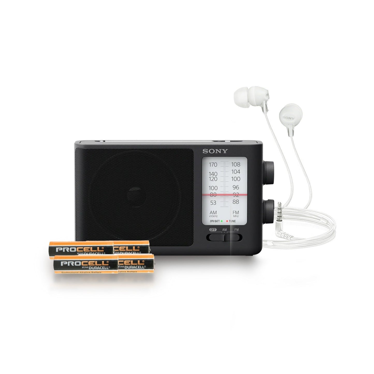 Sony ICF506 Portable Radio with AA (4-pack) and In-Ear Earbud Headphones Bundle
