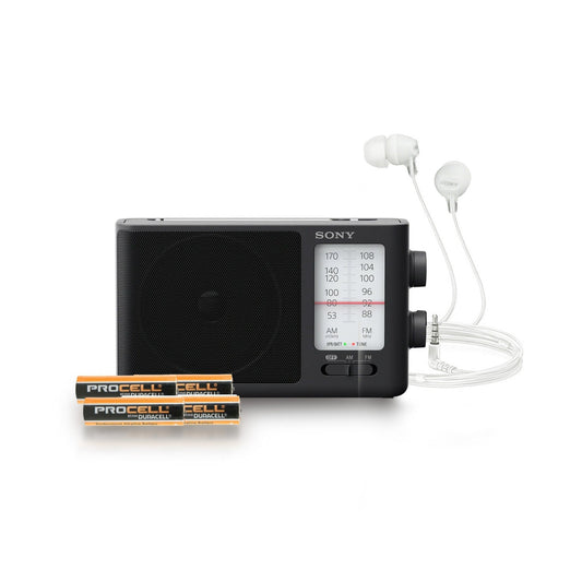 Sony ICF506 Portable Radio with AA (4-pack) and In-Ear Earbud Headphones Bundle