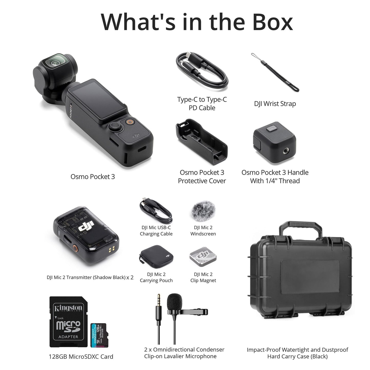DJI Osmo Pocket 3 with Two Mic 2 (1 TX,) Two (2) Lav Mics, 128GB MicroSD Card, and Hard Case