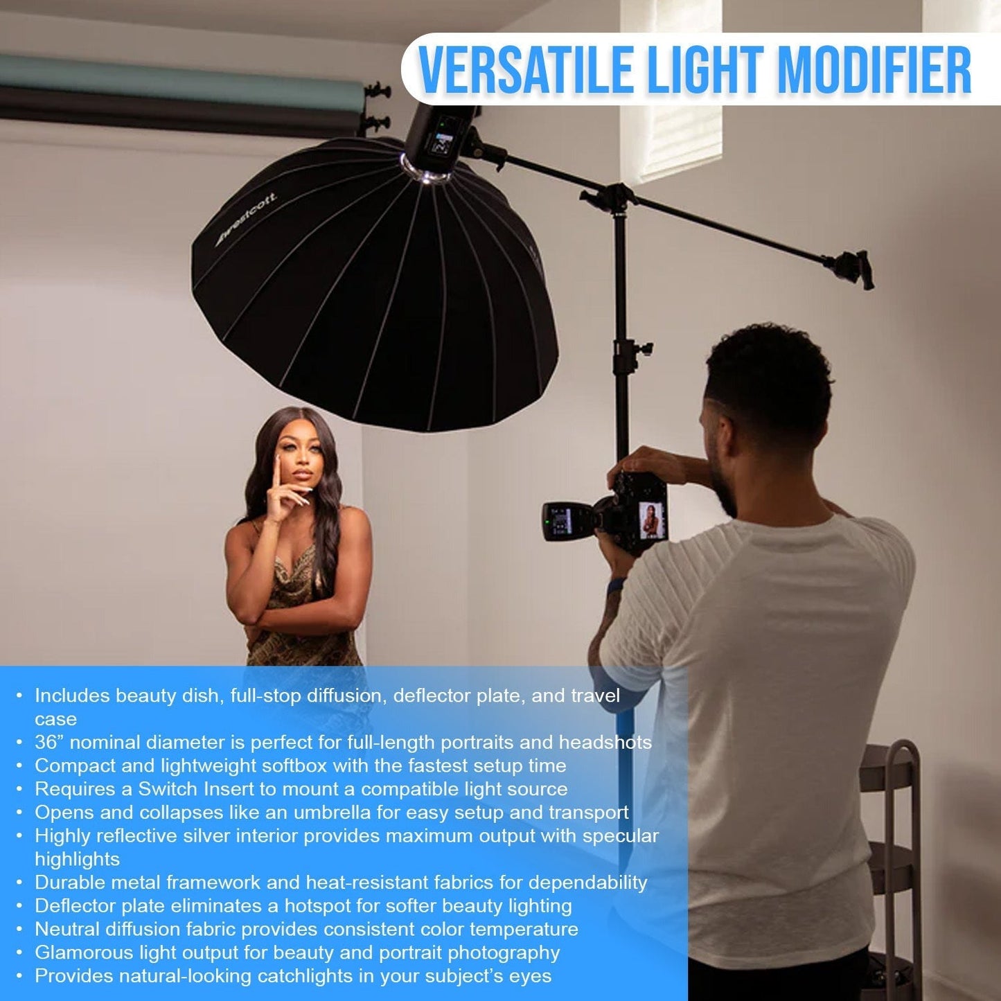 Westcott Beauty Dish Switch (36-Inch, Silver Interior) with Heavy-Duty Light Stand (8 Feet) Bundle