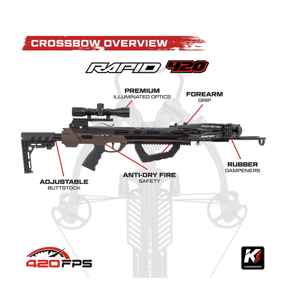 Killer Instinct Rapid 420 Crossbow Kit with Bolts, Crank and Broadheads Bundle
