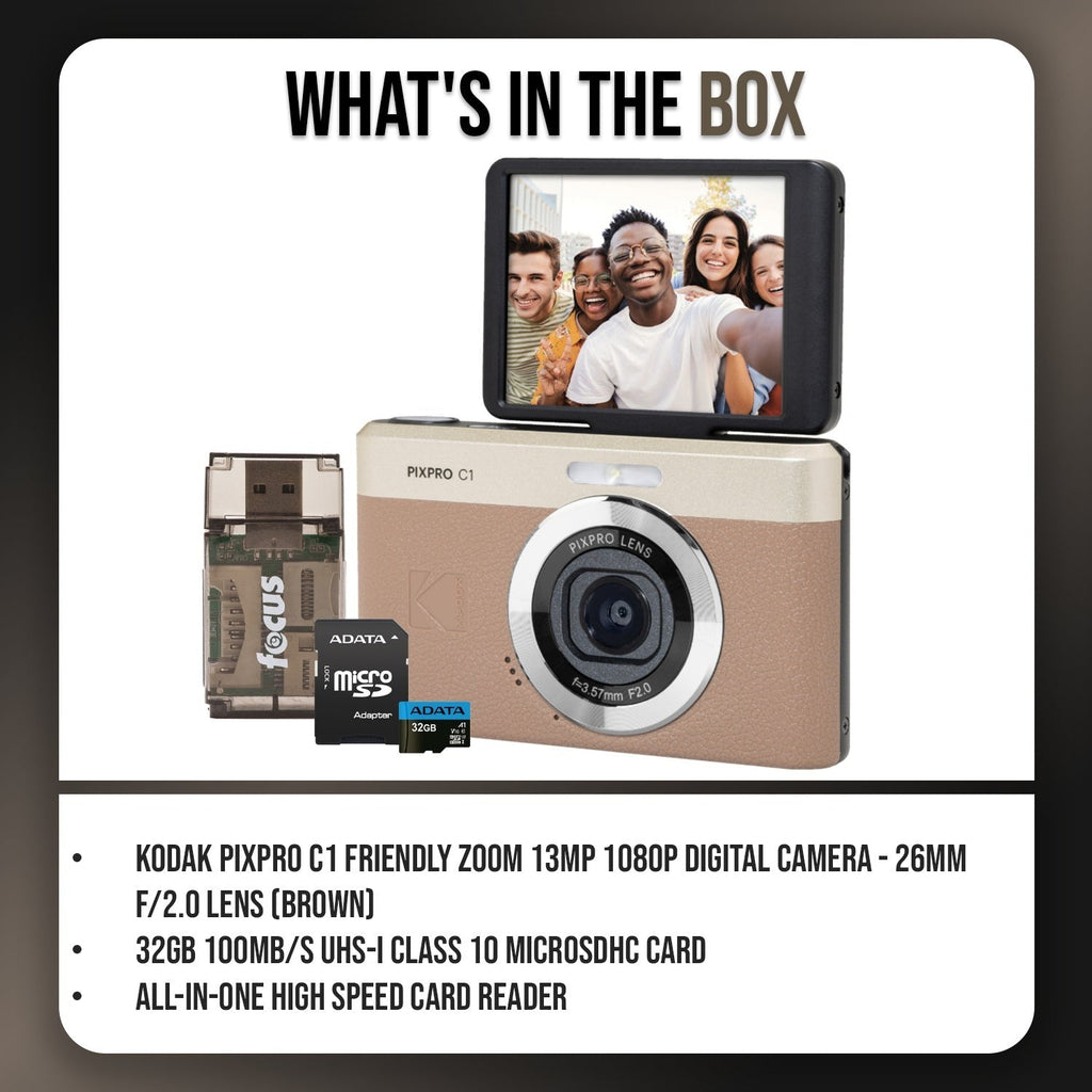 KODAK PIXPRO C1 13MP Digital Camera (Brown) with MicroSD Card and Card Reader