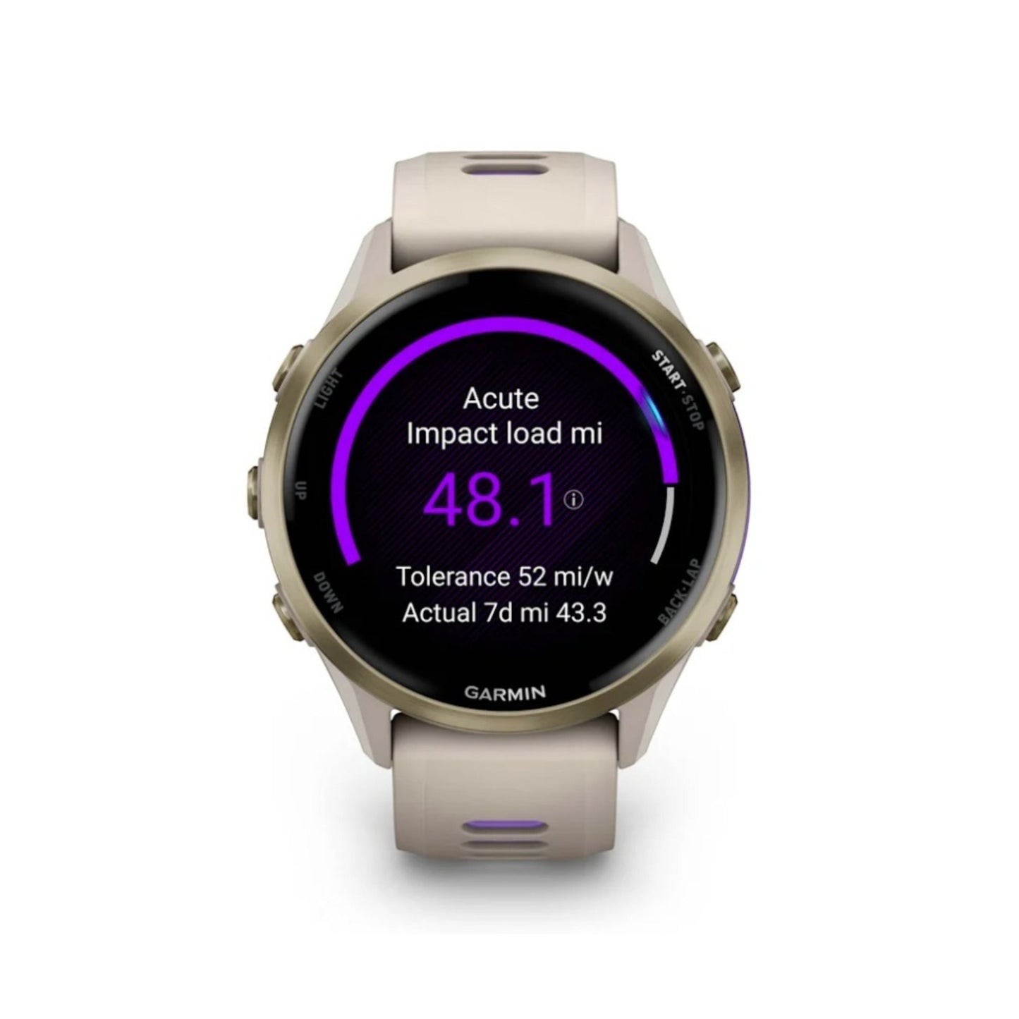 Garmin Forerunner 970 Soft Gold Titanium with French Gray Case and Indigo Band
