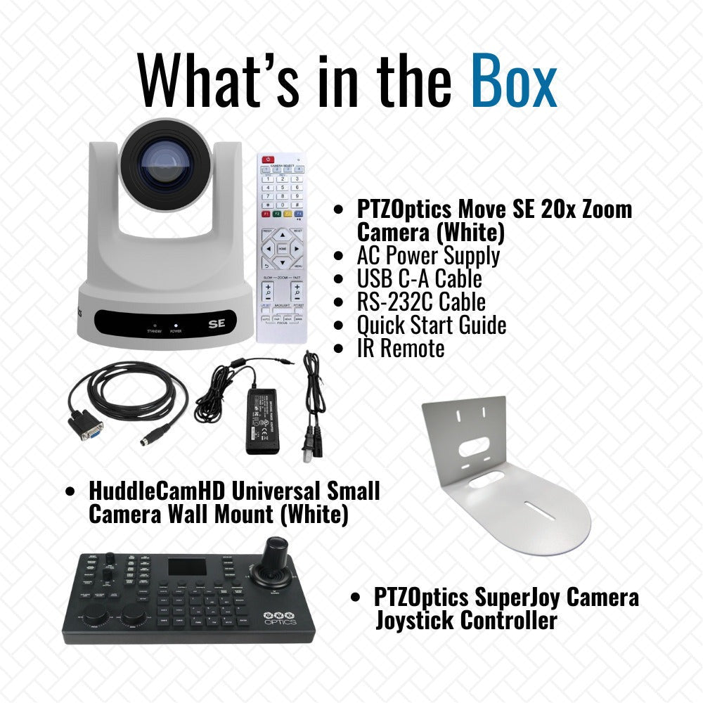 PTZOptics Move SE 20x 1080p Full HD Advanced PTZ Auto-Tracking Pan Tilt Zoom Camera (White) Bundle