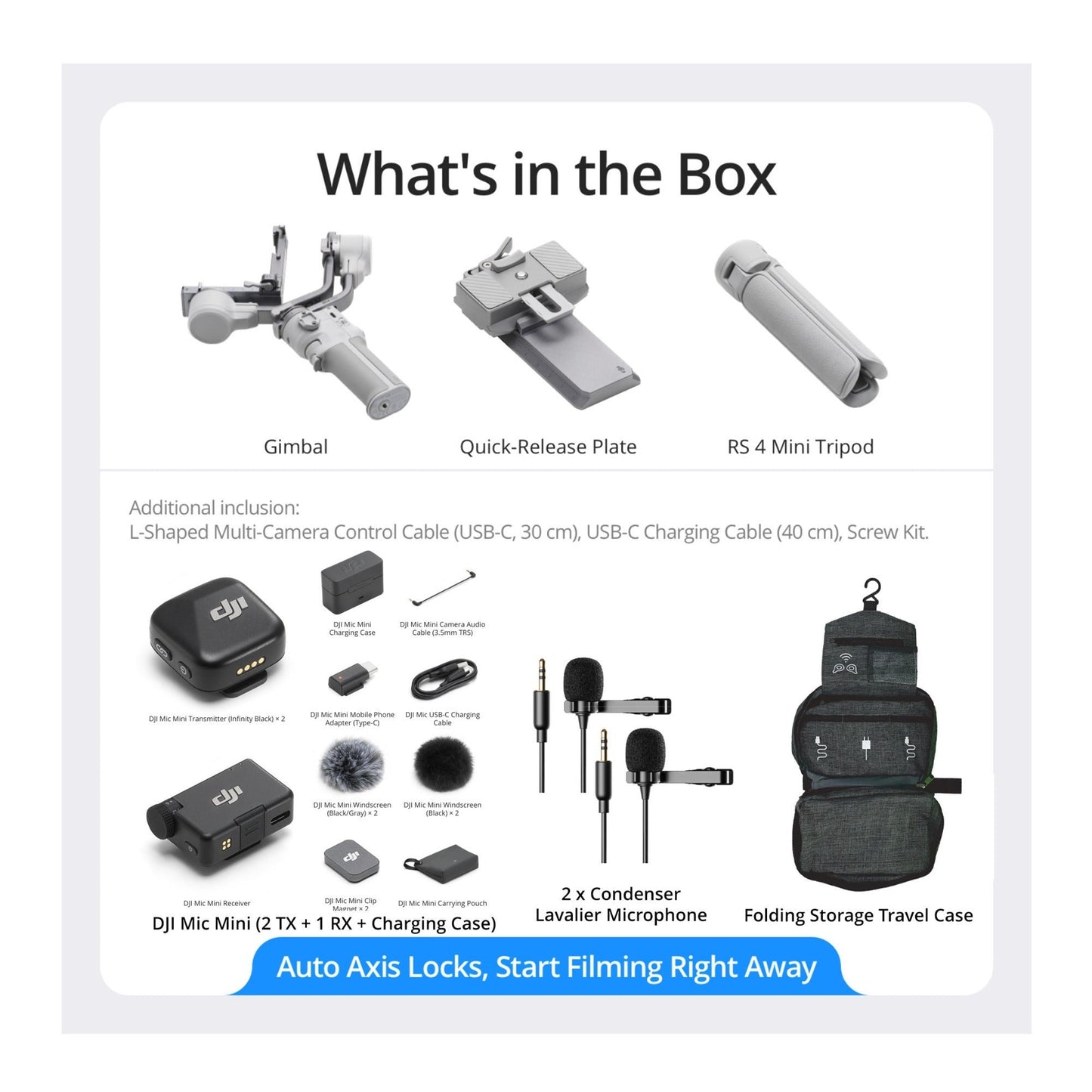 DJI RS 4 Mini Gimbal Stabilizer with Mic Mini (2 TX+ 1 RX+ Charging Case), Case, and 2 Lavalier Mics