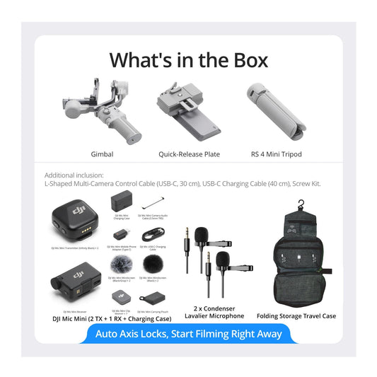 DJI RS 4 Mini Gimbal Stabilizer with Mic Mini (2 TX+ 1 RX+ Charging Case), Case, and 2 Lavalier Mics