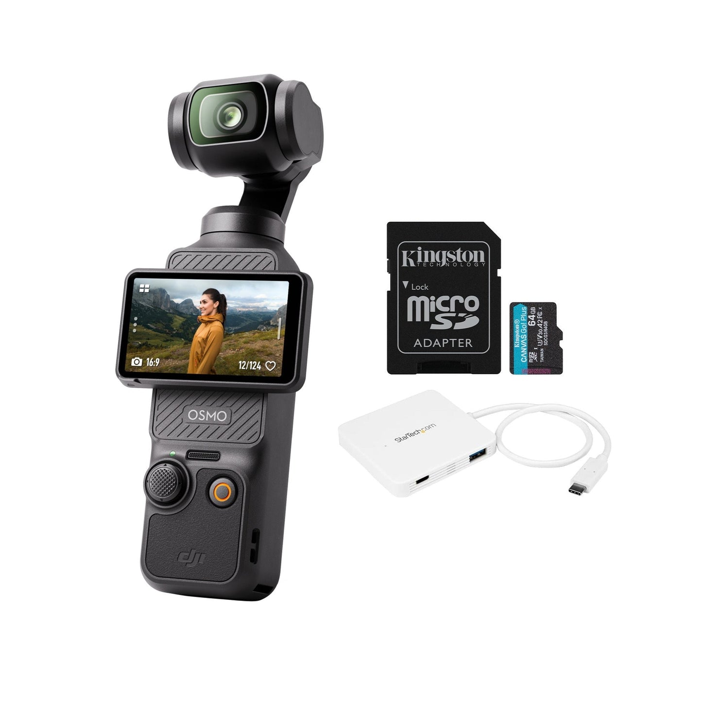 DJI Osmo Pocket 3 Handheld Action Camera with 64GB MicroSD Card and 3-Port USB-C Hub Bundle