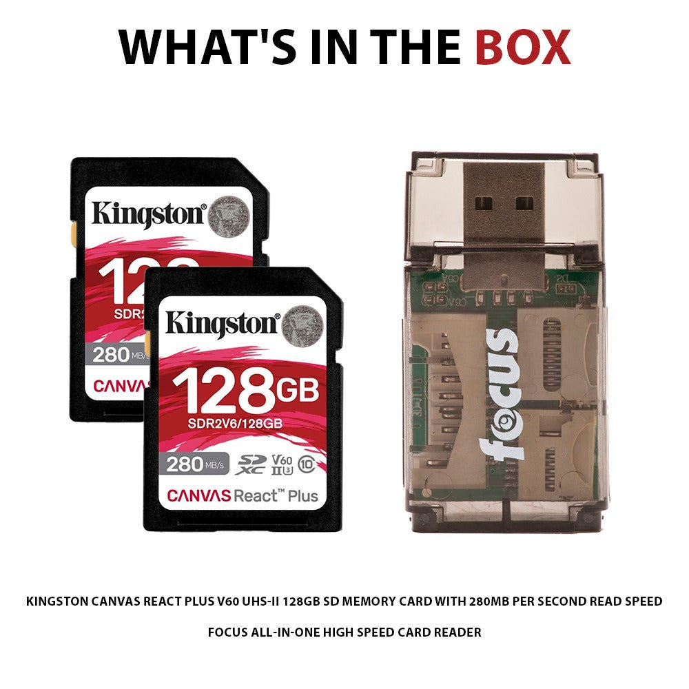 Kingston Canvas React Plus V60 UHS-II 128GB SD Memory Card (2-Pack) with Card Reader Bundle