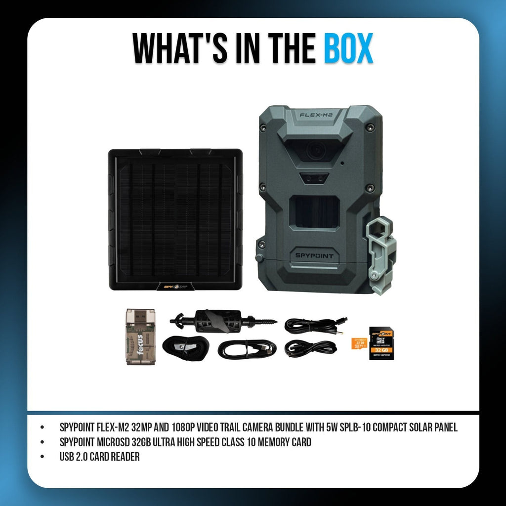 Spypoint FLEX-M2 32MP Trail Camera with Solar Panel, Memory Card and Card Reader Bundle