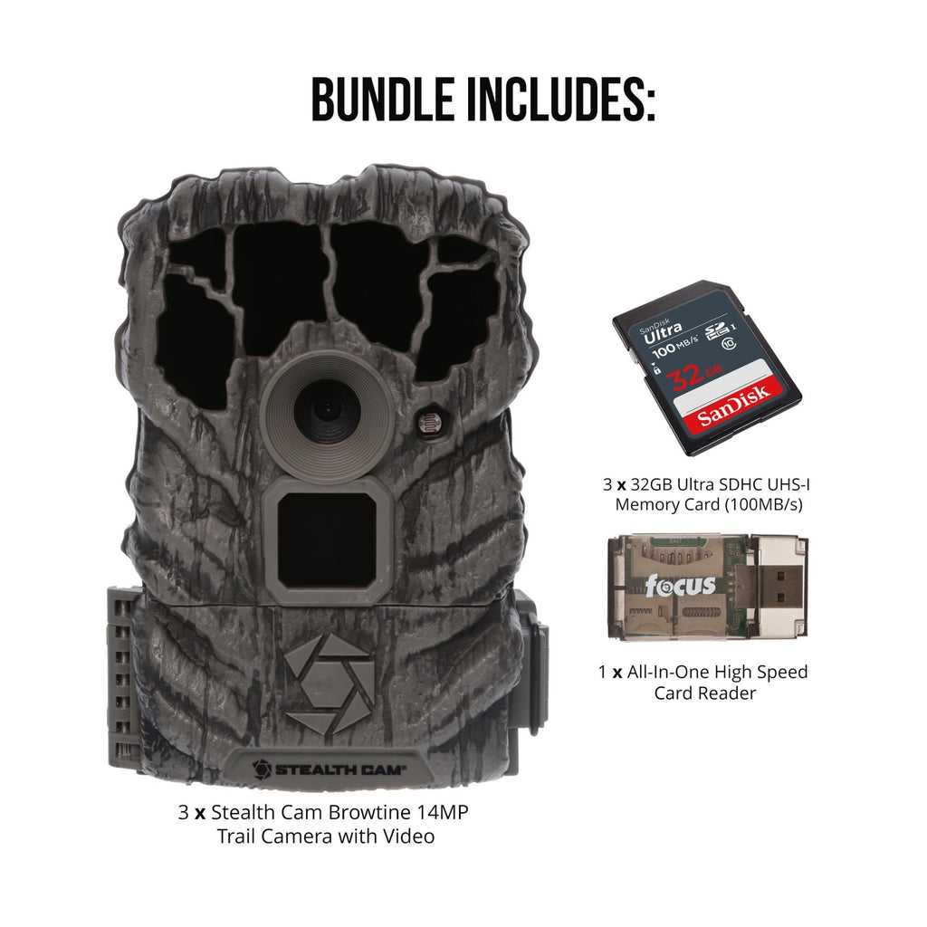 Stealth Cam Browtine 14MP Trail Camera with 32GB Memory Card (3-Pack) Bundle