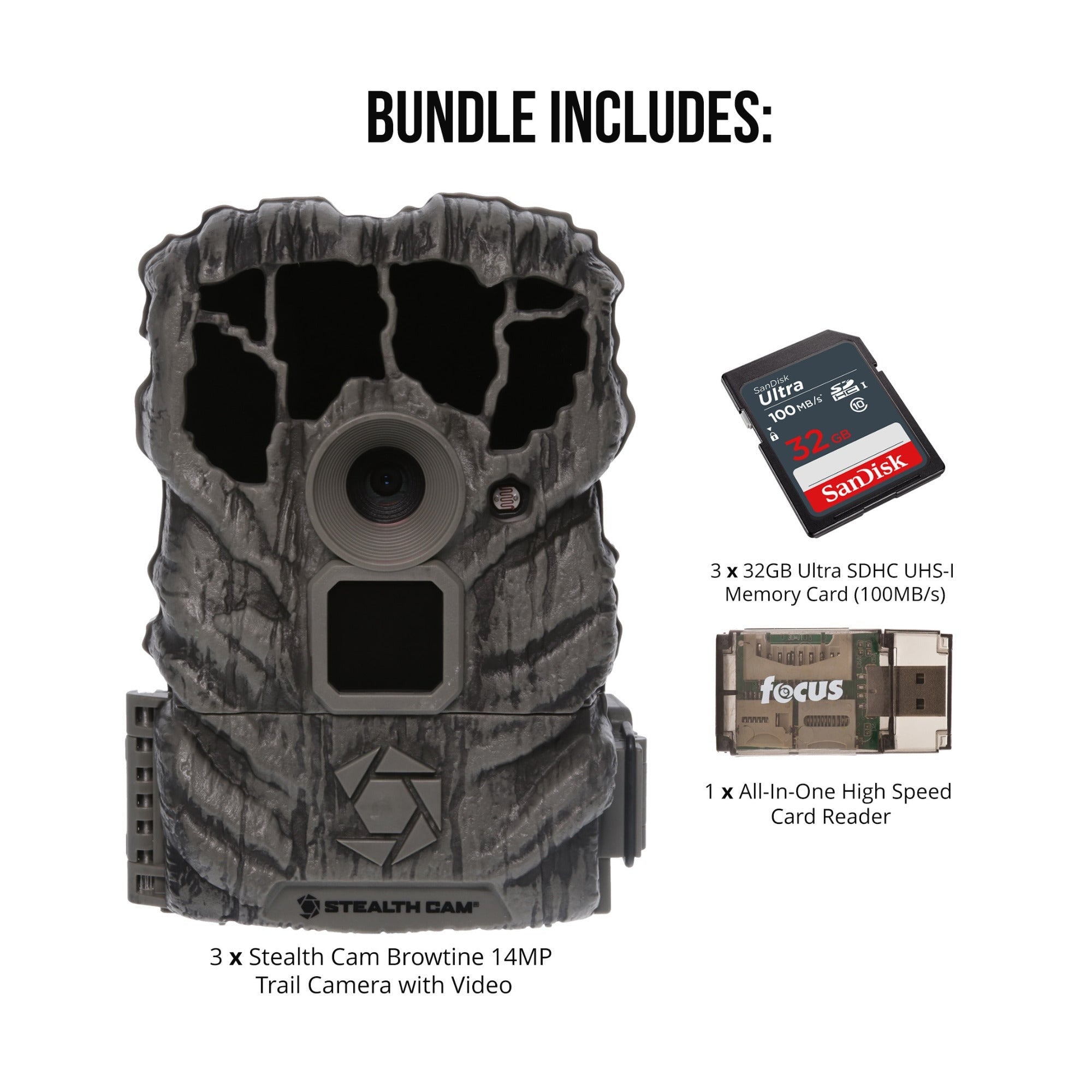 Stealth Cam Browtine 14MP Trail Camera with 32GB Memory Card (3-Pack) Bundle