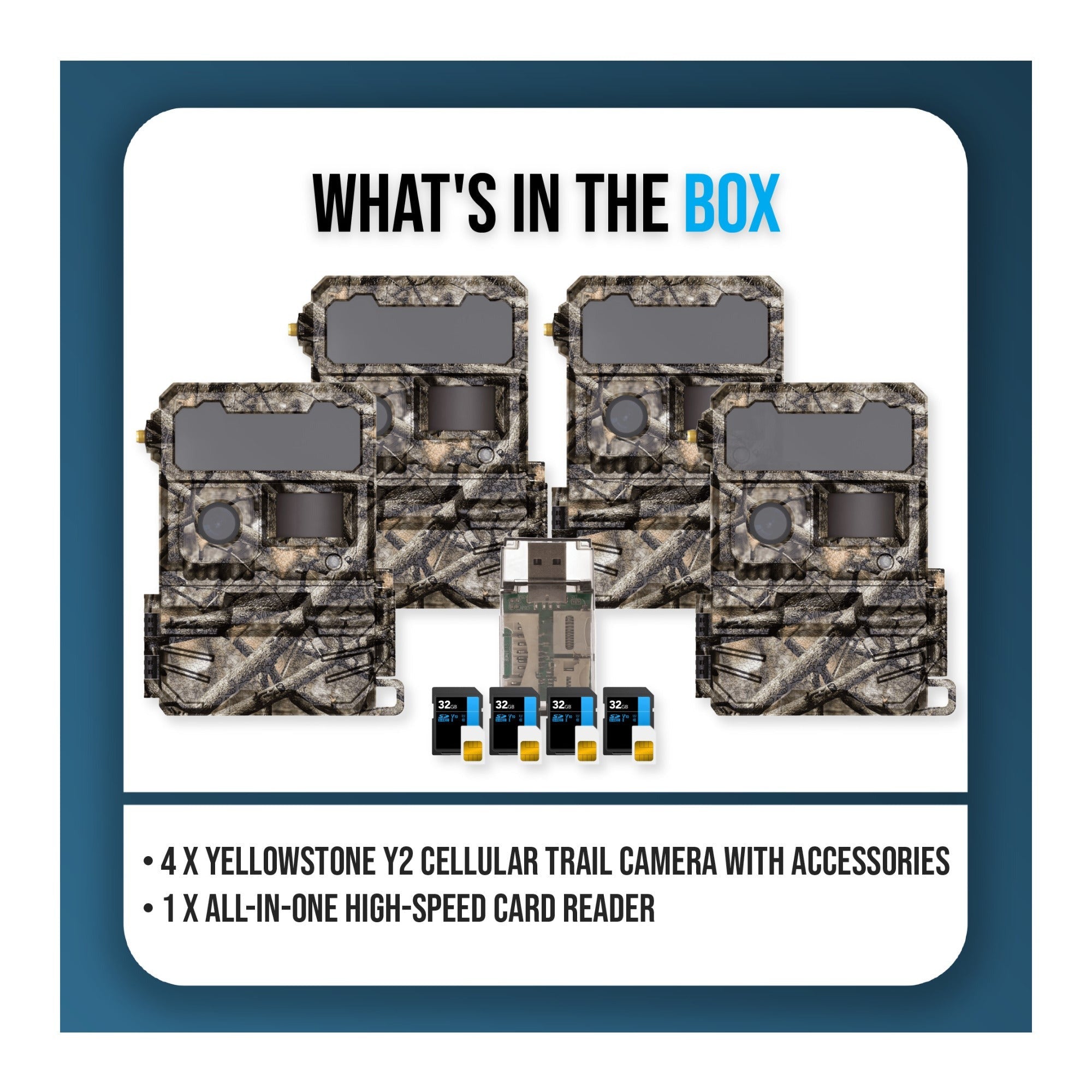 Yellowstone Y2 Cellular Trail Camera Bundle with High-Speed Card Reader, and Accessories (4-Pack)