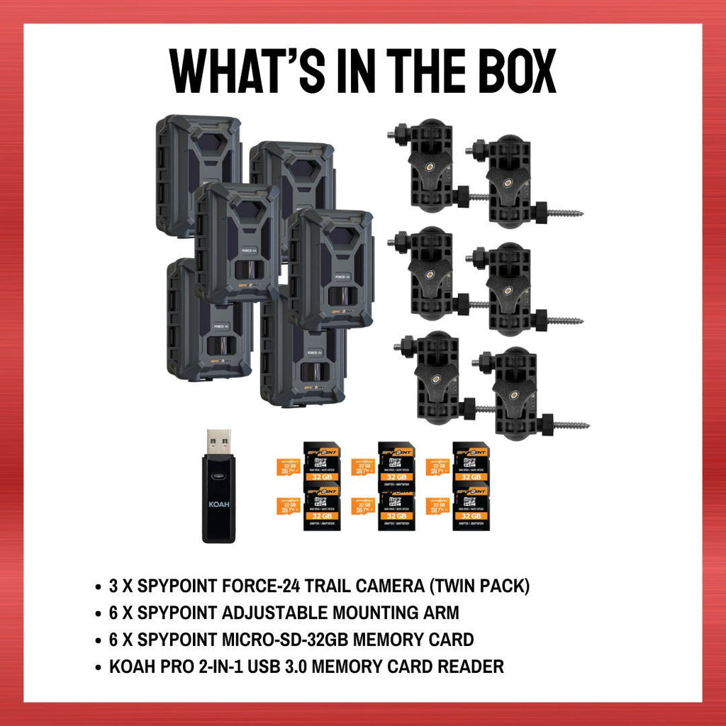 Spypoint Force-24MP Non-Cellular Trail Camera (6 Pack) Bundle with Accessories